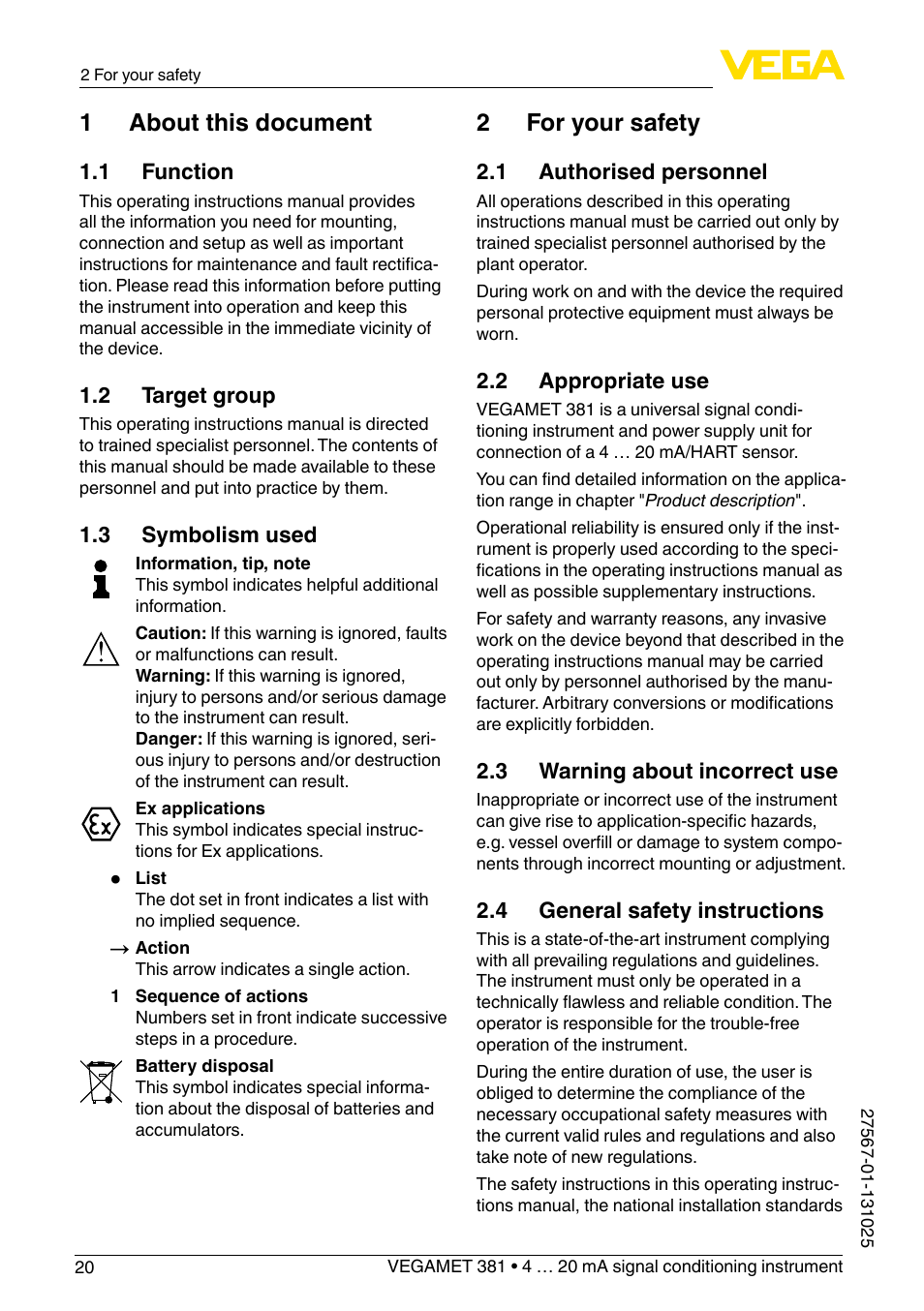 1 about this document, 2 for your safety | VEGA VEGAMET 381 User Manual | Page 20 / 72