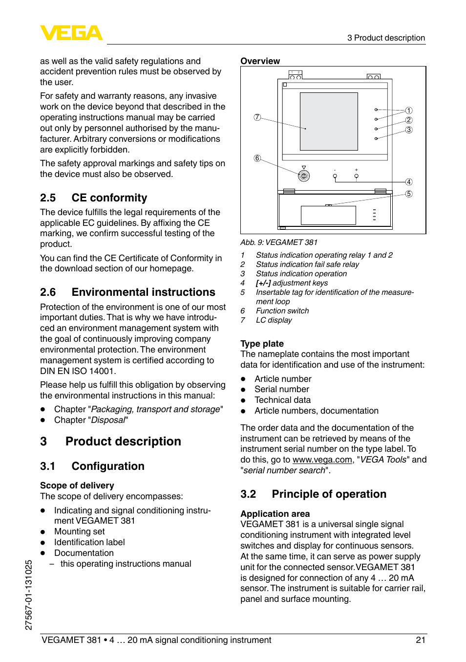 3 product description, 5 ce conformity, 6 environmental instructions | 1 configuration, 2 principle of operation | VEGA VEGAMET 381 User Manual | Page 21 / 72