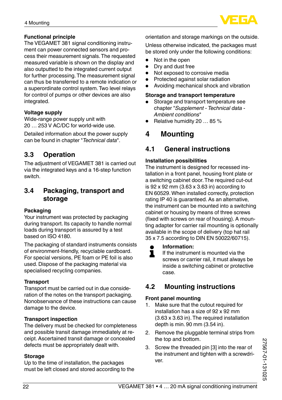 4 mounting | VEGA VEGAMET 381 User Manual | Page 22 / 72