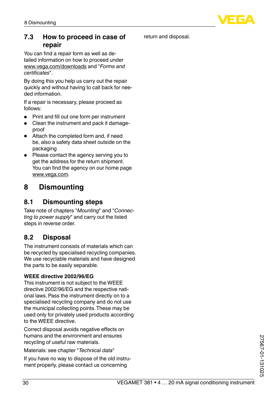 8 dismounting | VEGA VEGAMET 381 User Manual | Page 30 / 72