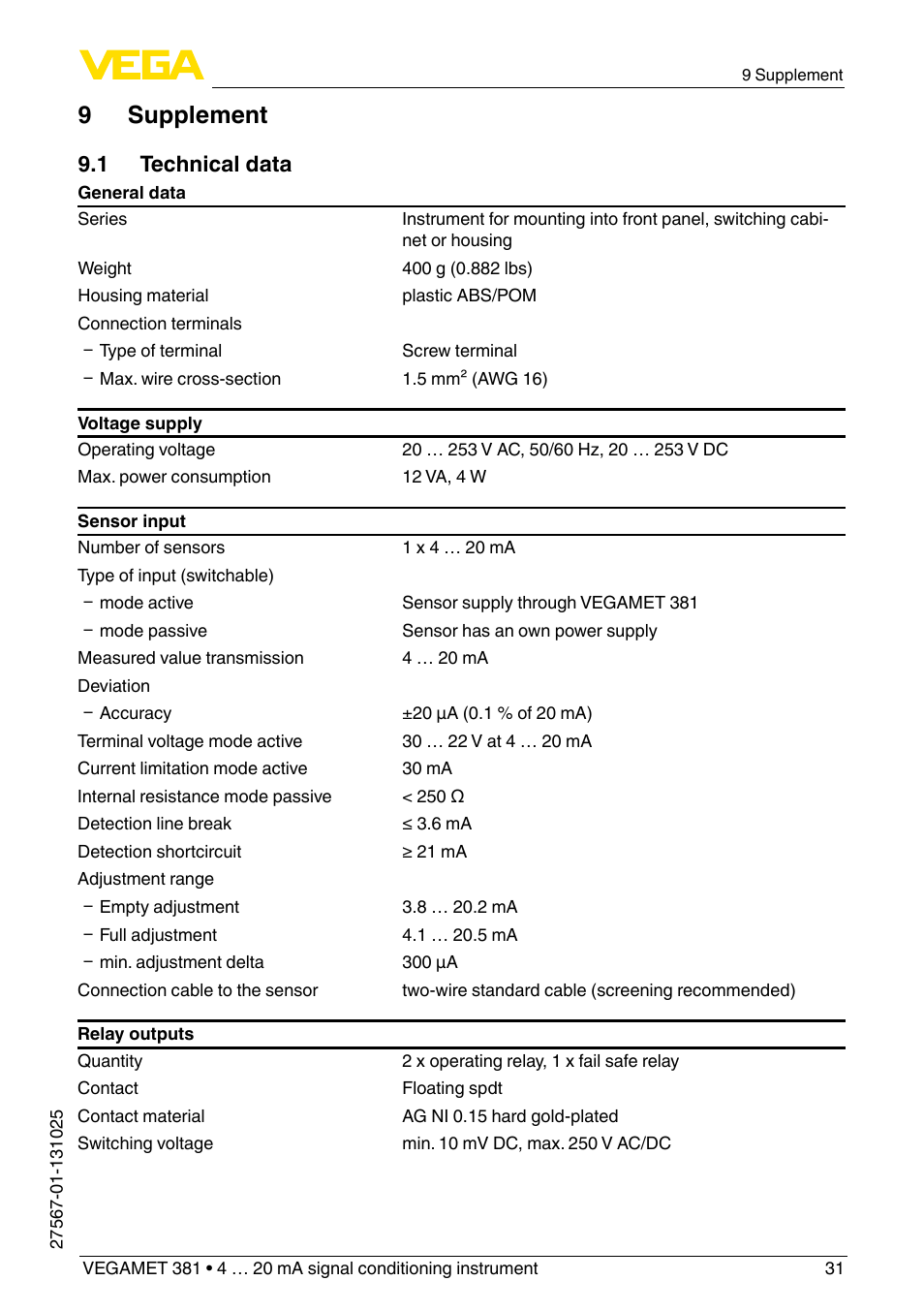 9 supplement, 1 technical data | VEGA VEGAMET 381 User Manual | Page 31 / 72