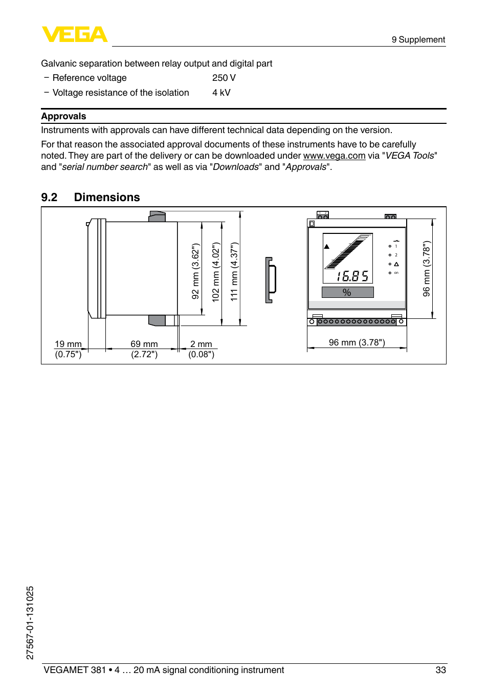 2 dimensions | VEGA VEGAMET 381 User Manual | Page 33 / 72