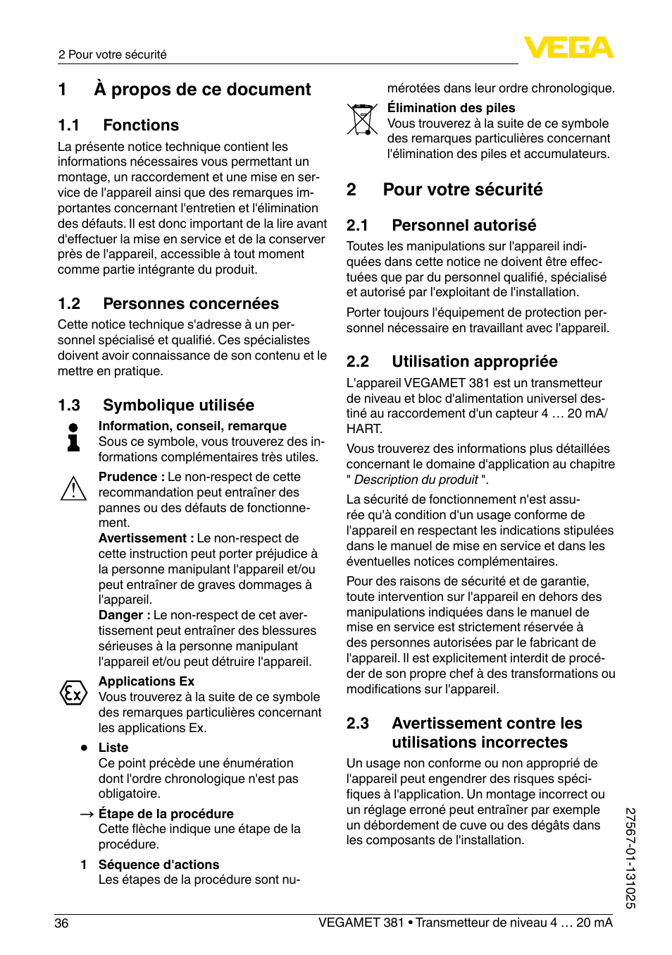 1 à propos de ce document, 2 pour votre sécurité | VEGA VEGAMET 381 User Manual | Page 36 / 72