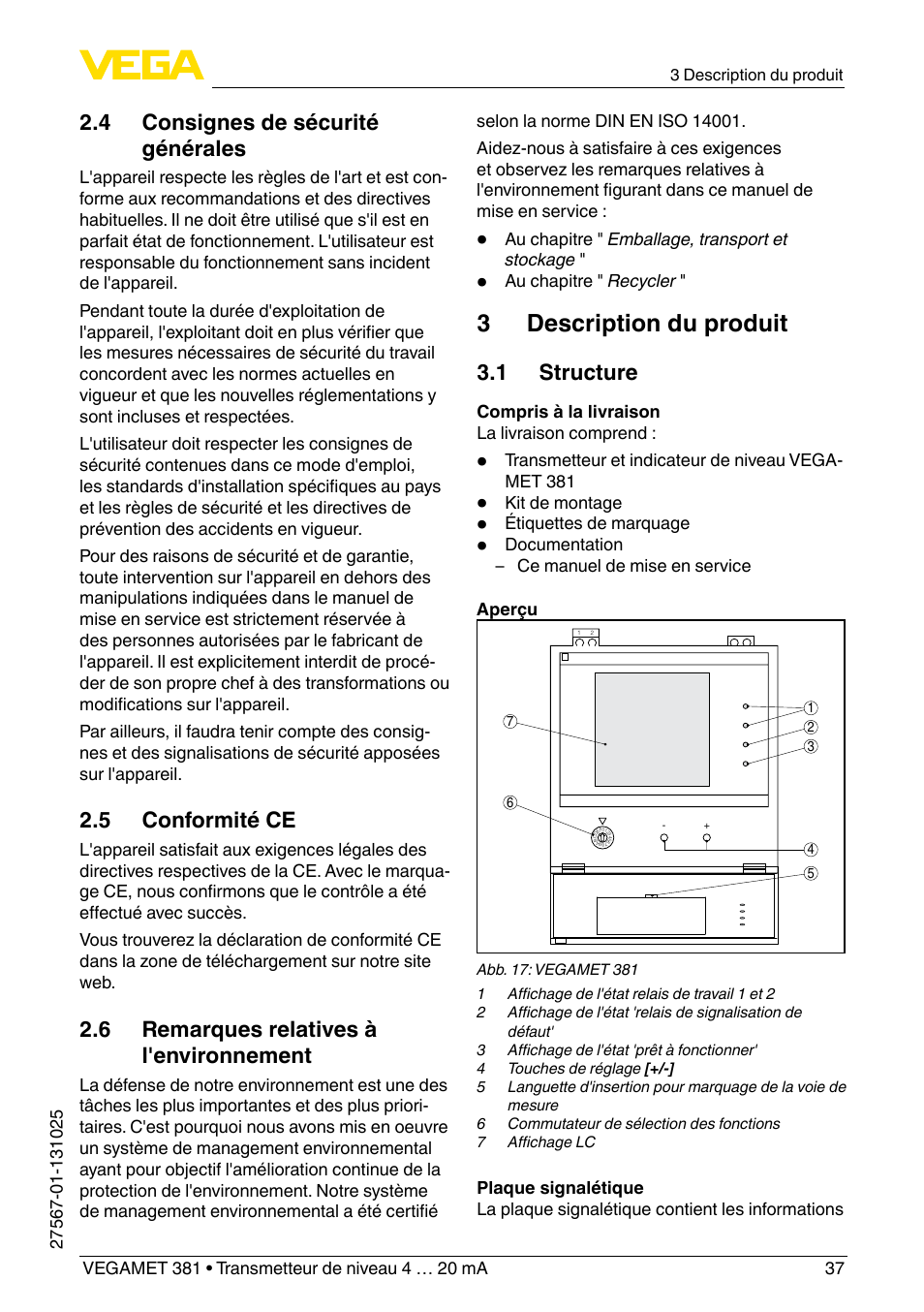 3 description du produit, 4 consignes de sécurité générales, 5 conformité ce | 6 remarques relatives à l'environnement, 1 structure | VEGA VEGAMET 381 User Manual | Page 37 / 72