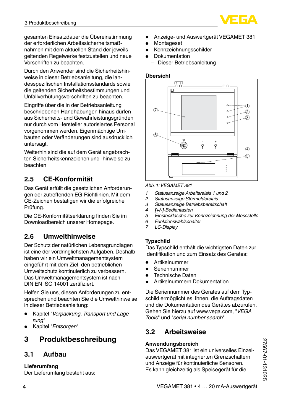 3 produktbeschreibung, 5 ce-konformität, 6 umwelthinweise | 1 aufbau, 2 arbeitsweise | VEGA VEGAMET 381 User Manual | Page 4 / 72