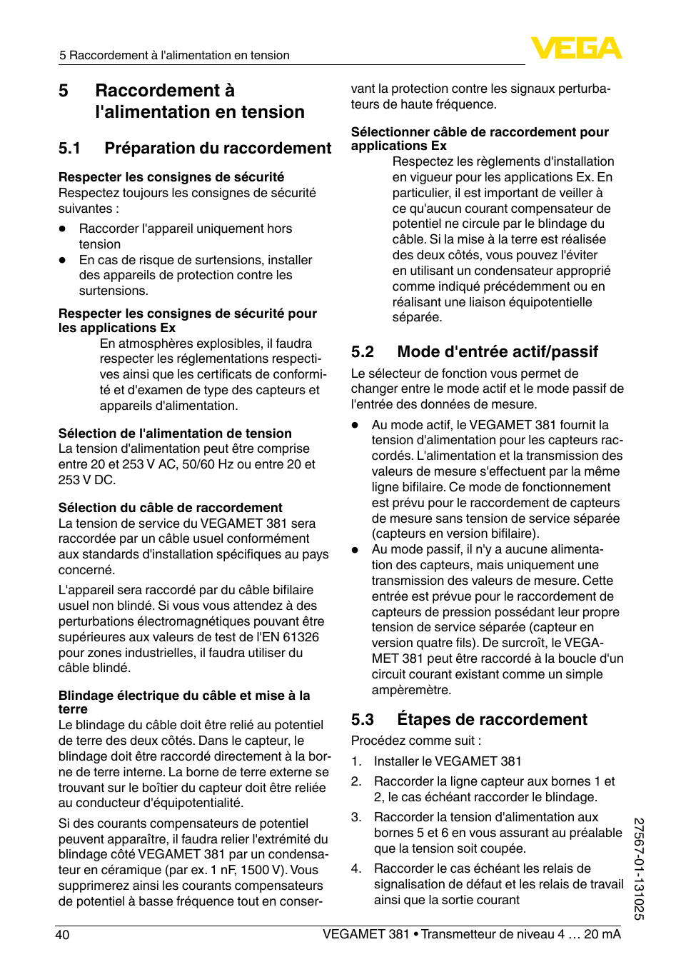 5 raccordement à l'alimentation en tension | VEGA VEGAMET 381 User Manual | Page 40 / 72