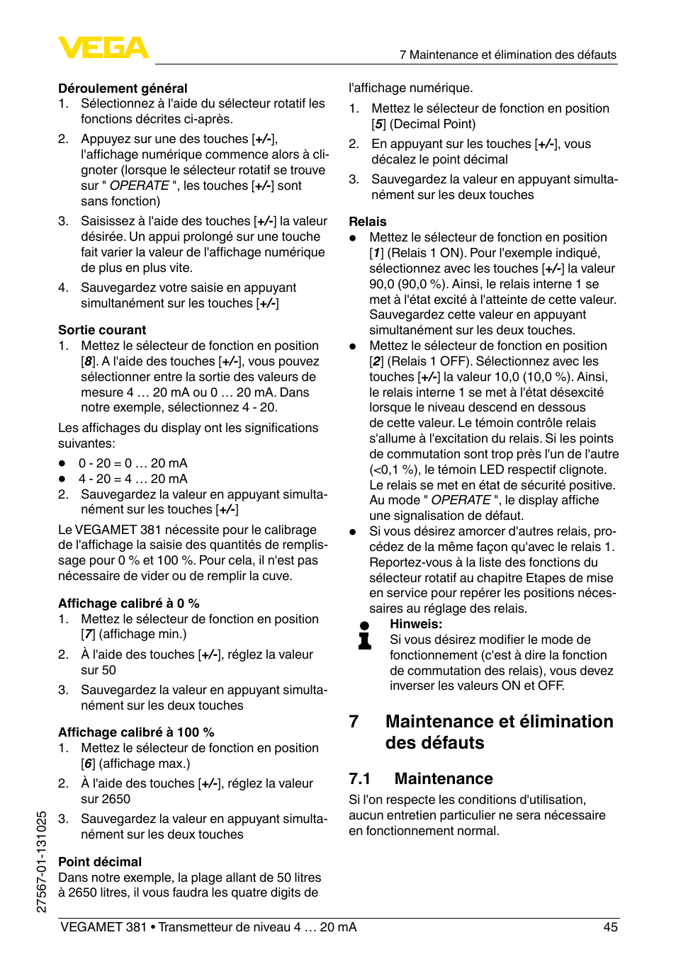 7 maintenance et élimination des défauts | VEGA VEGAMET 381 User Manual | Page 45 / 72