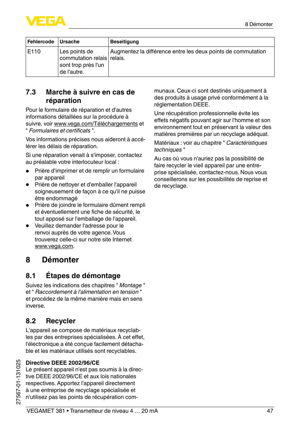 8 démonter | VEGA VEGAMET 381 User Manual | Page 47 / 72