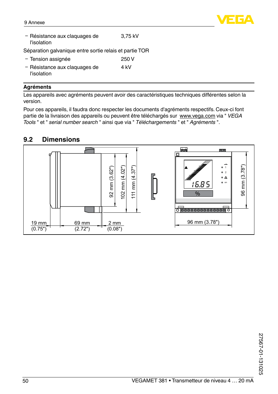 2 dimensions | VEGA VEGAMET 381 User Manual | Page 50 / 72