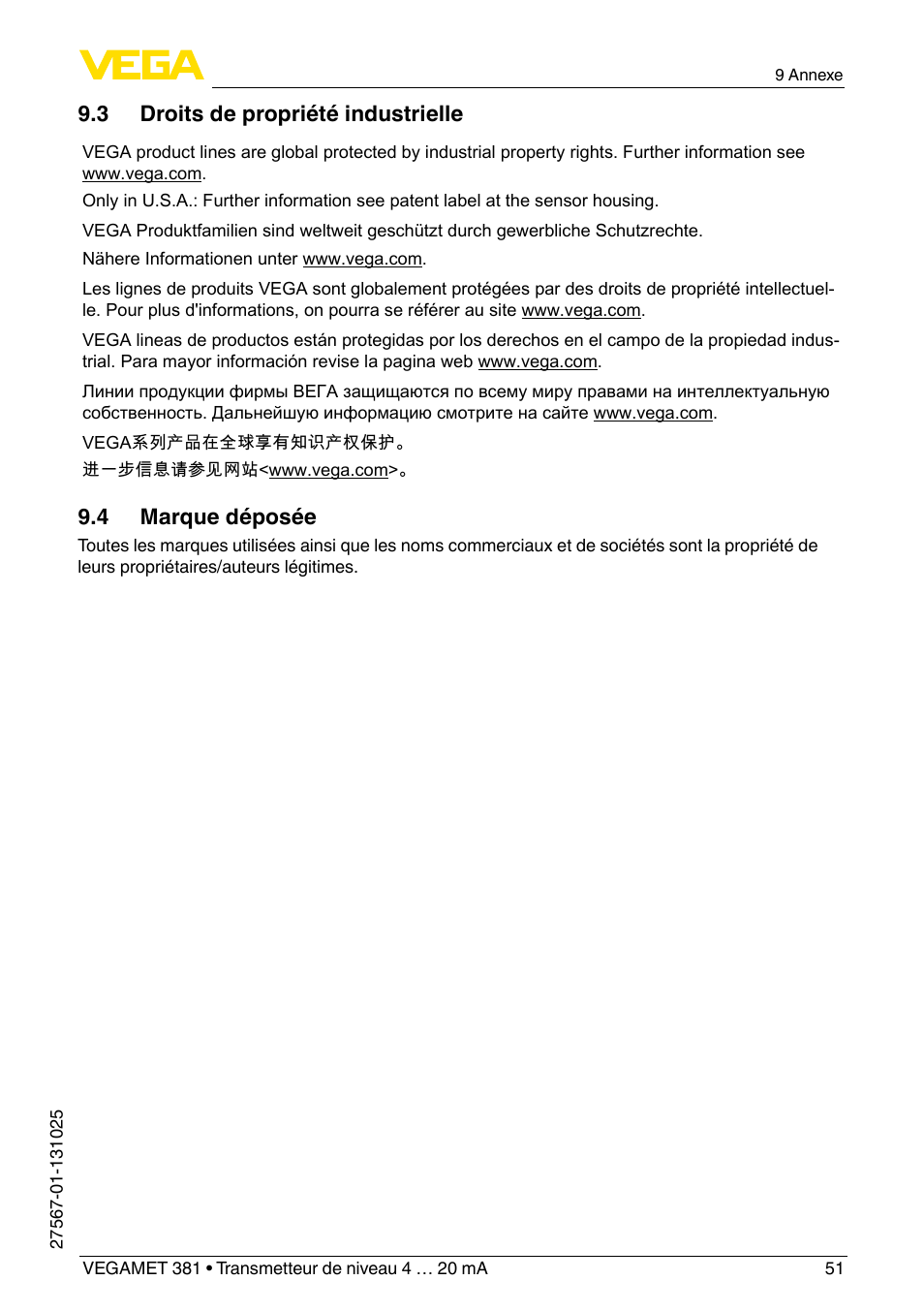 3 droits de propriété industrielle, 4 marque déposée | VEGA VEGAMET 381 User Manual | Page 51 / 72