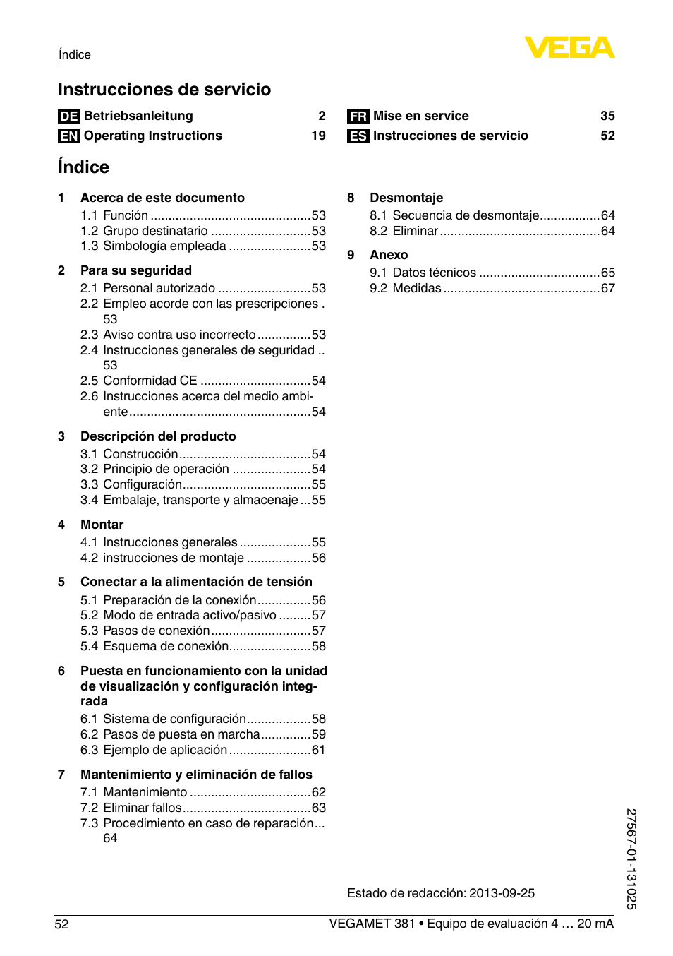 Instrucciones de servicio, Índice | VEGA VEGAMET 381 User Manual | Page 52 / 72