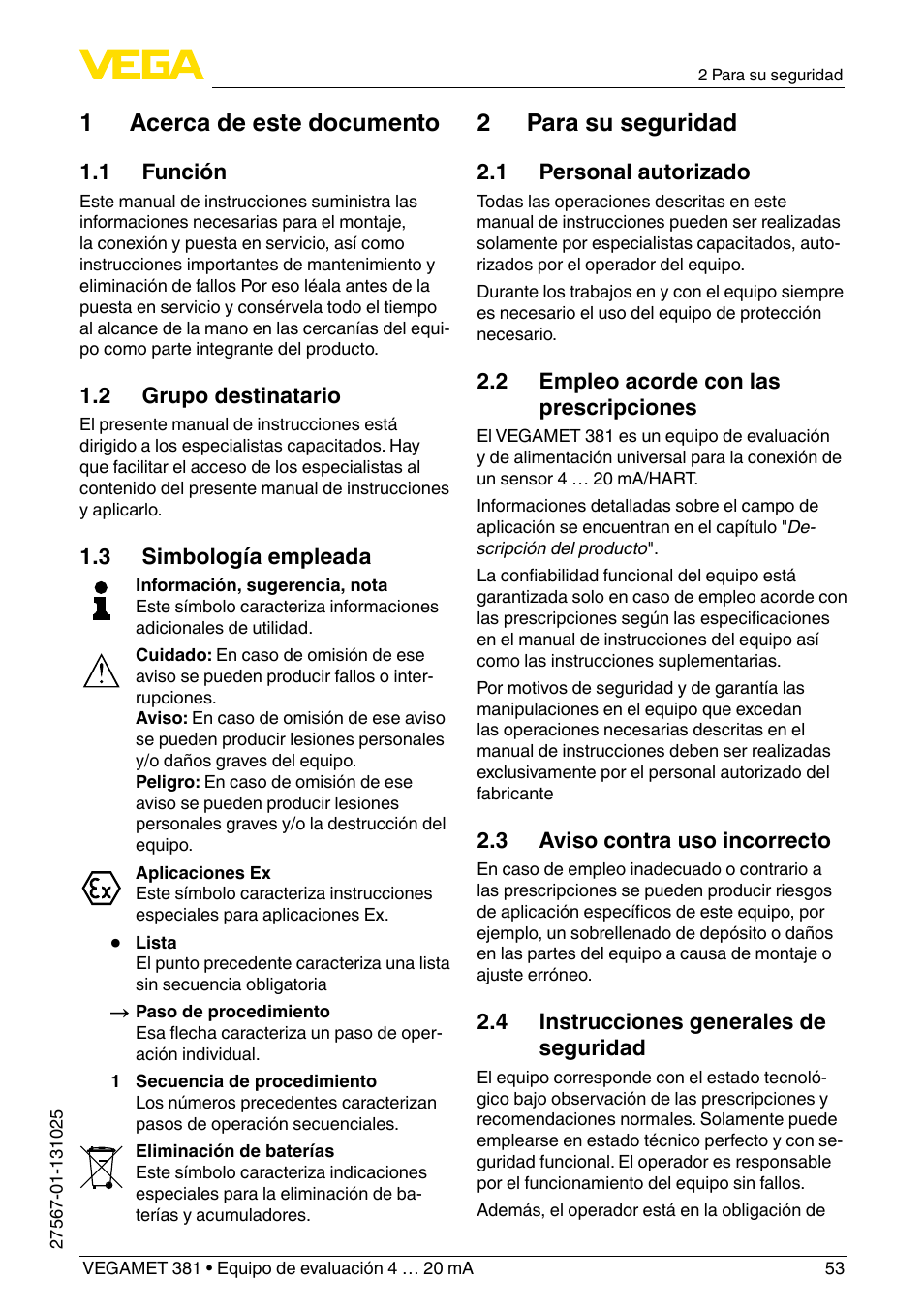 1 acerca de este documento, 2 para su seguridad | VEGA VEGAMET 381 User Manual | Page 53 / 72