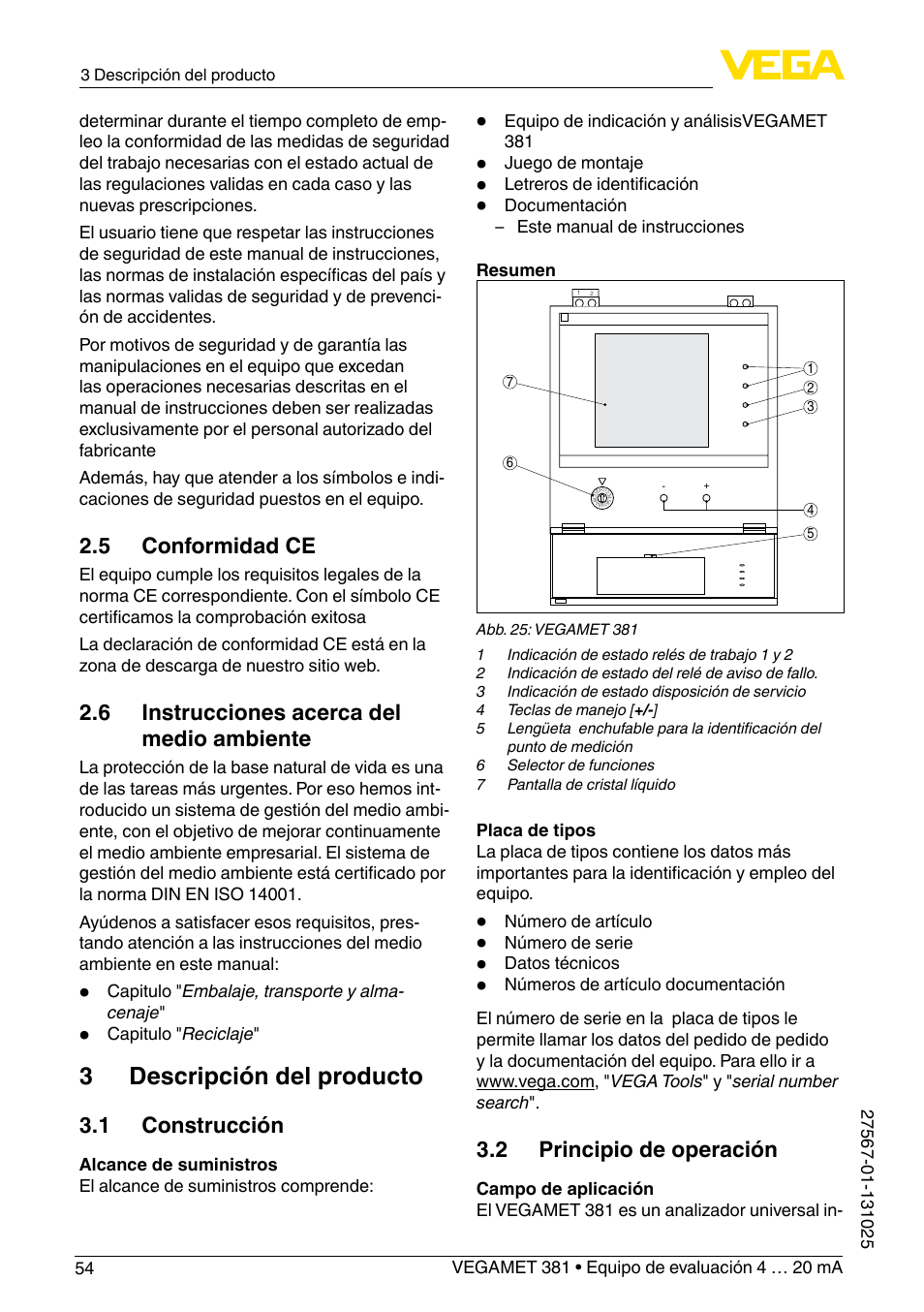 3 descripción del producto, 5 conformidad ce, 6 instrucciones acerca del medio ambiente | 1 construcción, 2 principio de operación | VEGA VEGAMET 381 User Manual | Page 54 / 72