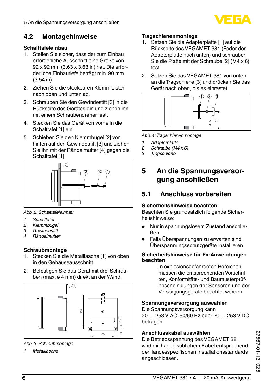 5 an die spannungsversor- gung anschließen, 2 montagehinweise, 1 anschluss vorbereiten | VEGA VEGAMET 381 User Manual | Page 6 / 72