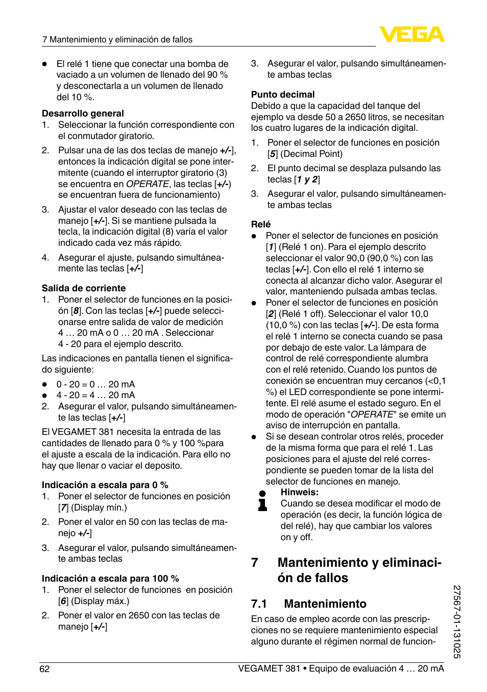 7 mantenimiento y eliminaci- ón de fallos | VEGA VEGAMET 381 User Manual | Page 62 / 72