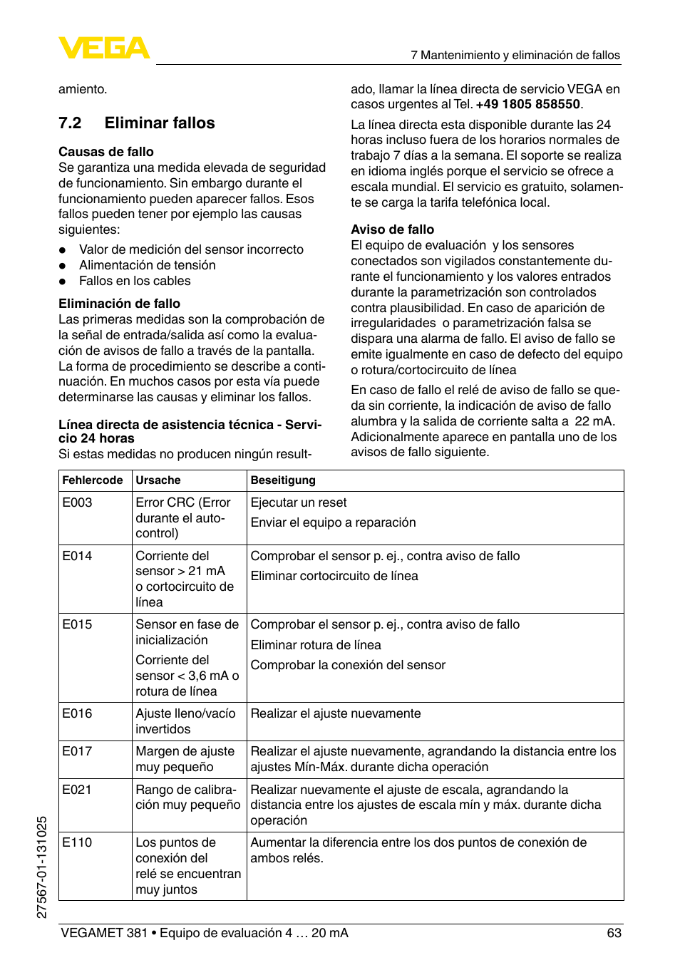 2 eliminar fallos | VEGA VEGAMET 381 User Manual | Page 63 / 72