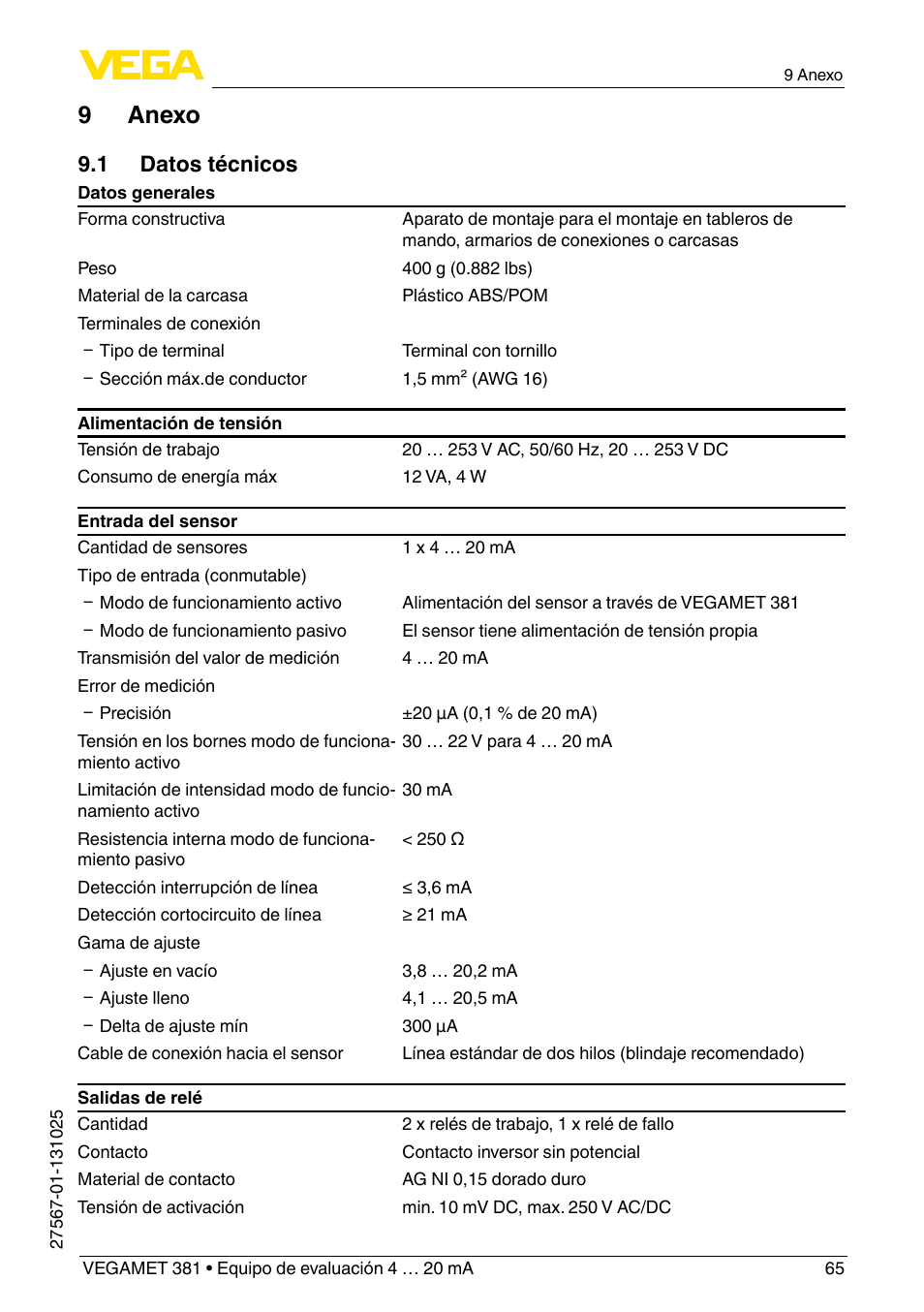 9 anexo, 1 datos técnicos | VEGA VEGAMET 381 User Manual | Page 65 / 72