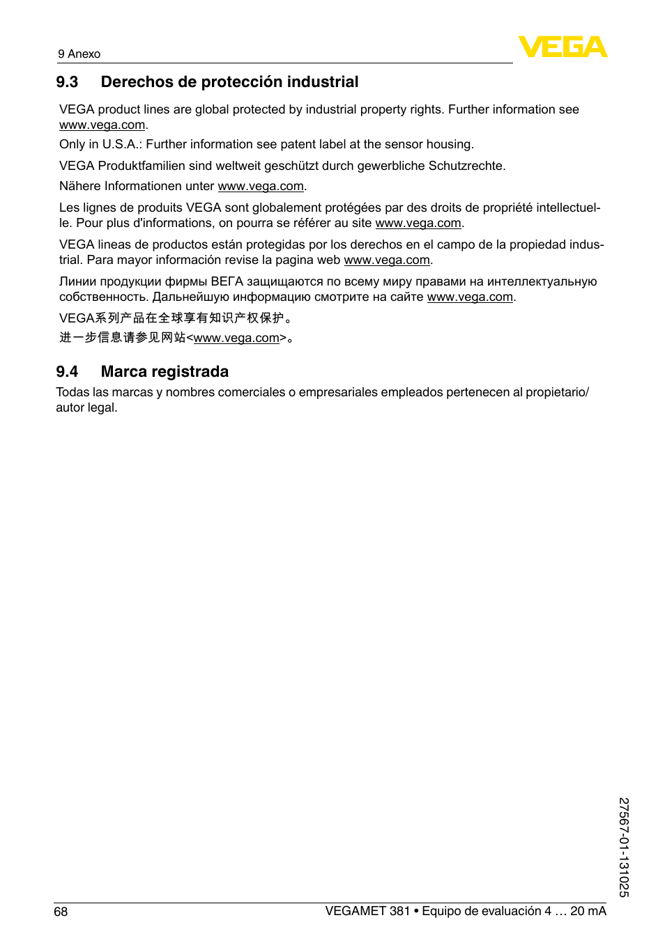 3 derechos de protección industrial, 4 marca registrada | VEGA VEGAMET 381 User Manual | Page 68 / 72