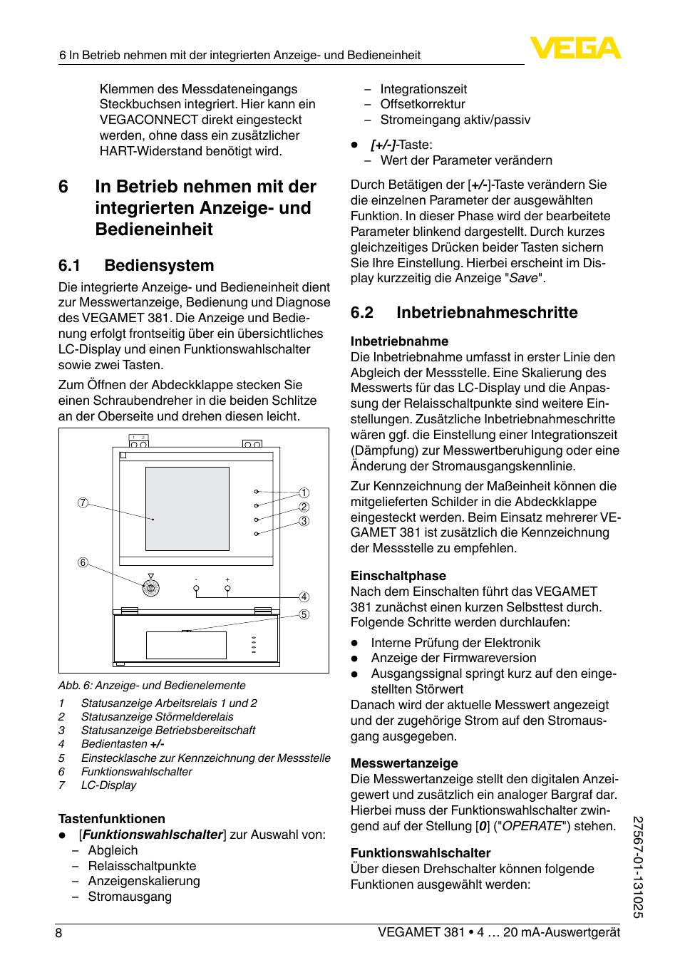 1 bediensystem, 2 inbetriebnahmeschritte | VEGA VEGAMET 381 User Manual | Page 8 / 72