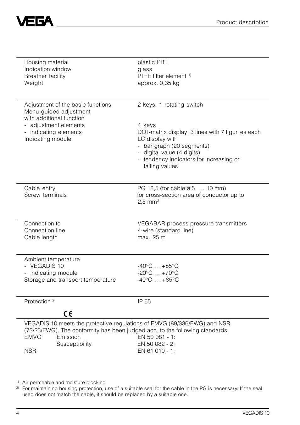 4 technical data | VEGA VEGADIS 10 User Manual | Page 4 / 8