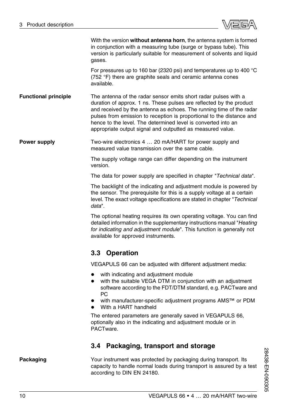 3 operation, 4 packaging, transport and storage | VEGA VEGAPULS 66 (≥ 2.0.0 - ≤ 3.8) 4 … 20 mA_HART two-wire User Manual | Page 10 / 68