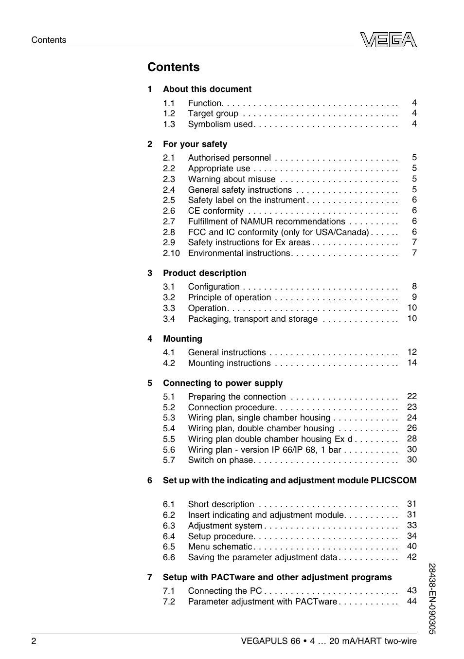 VEGA VEGAPULS 66 (≥ 2.0.0 - ≤ 3.8) 4 … 20 mA_HART two-wire User Manual | Page 2 / 68
