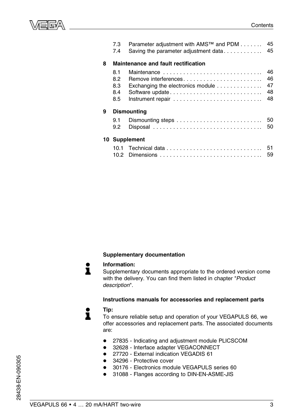 VEGA VEGAPULS 66 (≥ 2.0.0 - ≤ 3.8) 4 … 20 mA_HART two-wire User Manual | Page 3 / 68