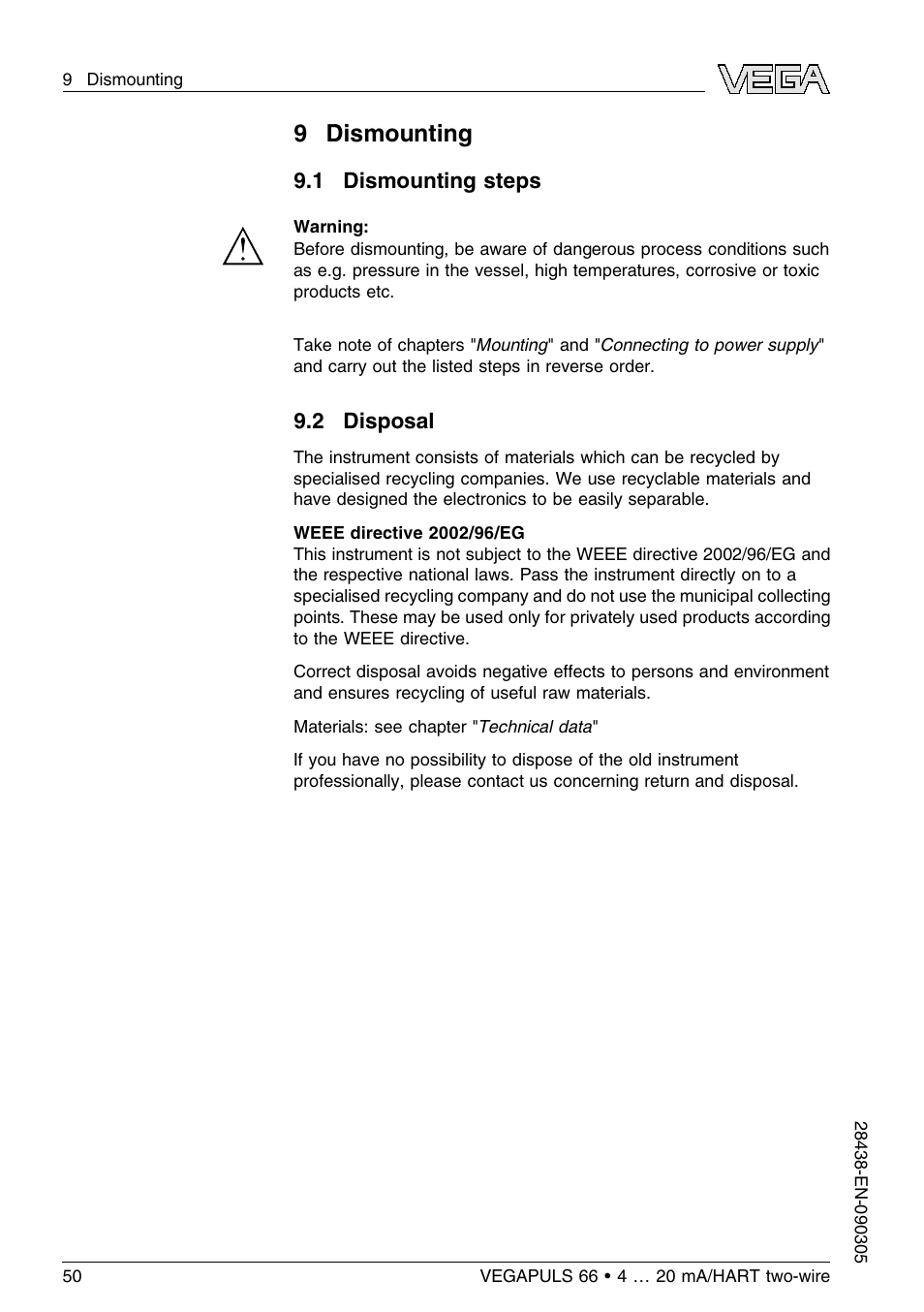 9 dismounting, 1 dismounting steps, 2 disposal | VEGA VEGAPULS 66 (≥ 2.0.0 - ≤ 3.8) 4 … 20 mA_HART two-wire User Manual | Page 50 / 68