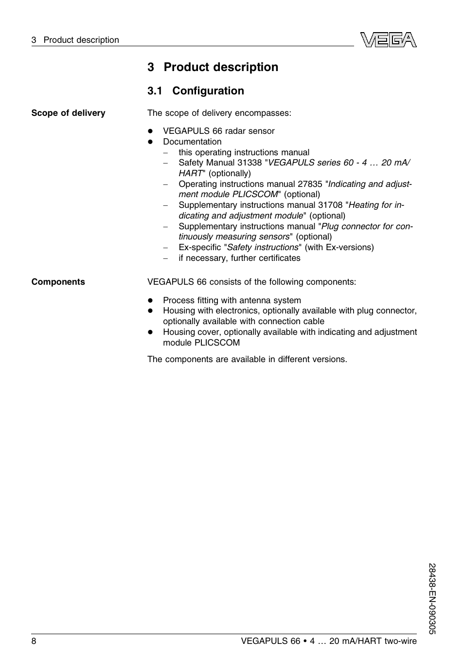 3 product description, 1 configuration, 1 conﬁguration | VEGA VEGAPULS 66 (≥ 2.0.0 - ≤ 3.8) 4 … 20 mA_HART two-wire User Manual | Page 8 / 68