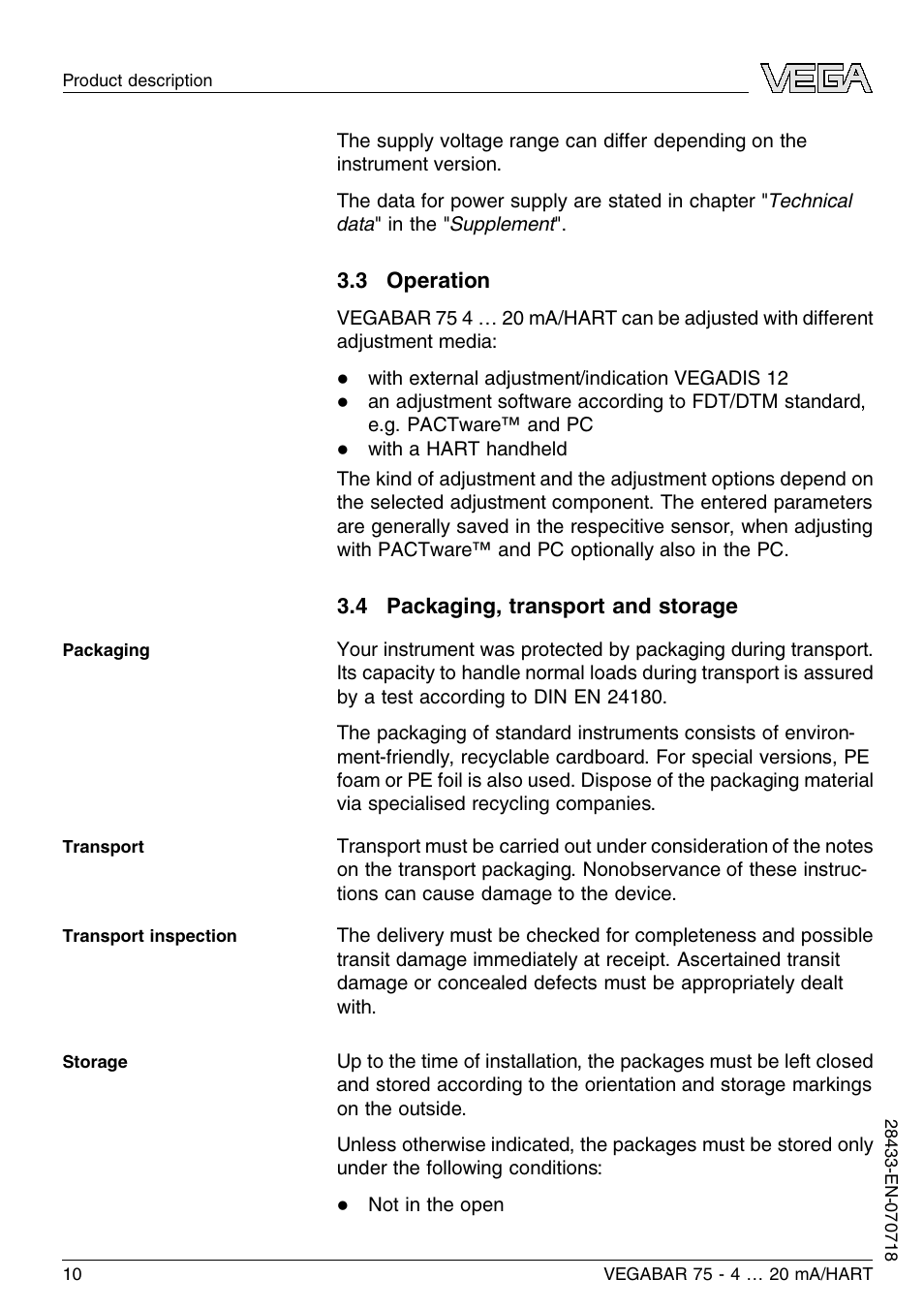 3 operation, 4 packaging, transport and storage | VEGA VEGABAR 75 4 … 20 mA_HART User Manual | Page 10 / 40