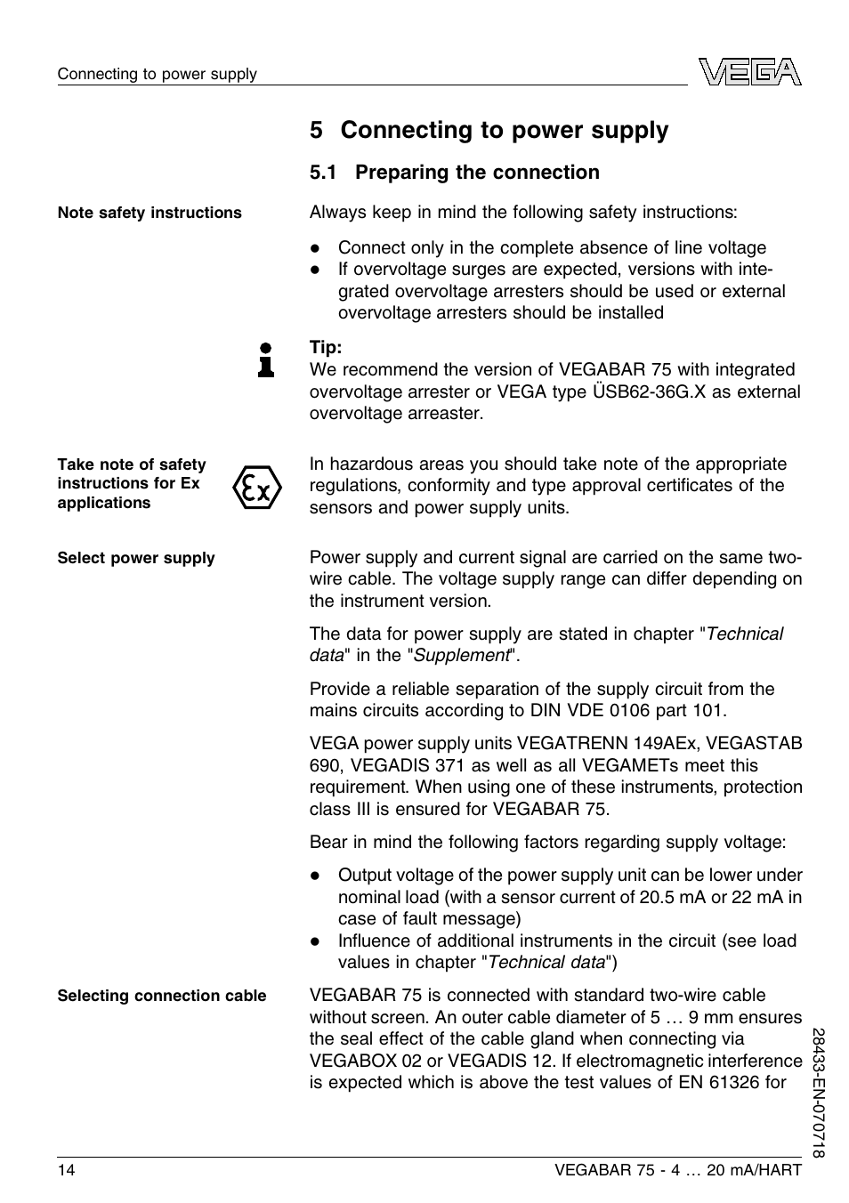 5 connecting to power supply, 1 preparing the connection, 5 c onnecting to power supply | VEGA VEGABAR 75 4 … 20 mA_HART User Manual | Page 14 / 40