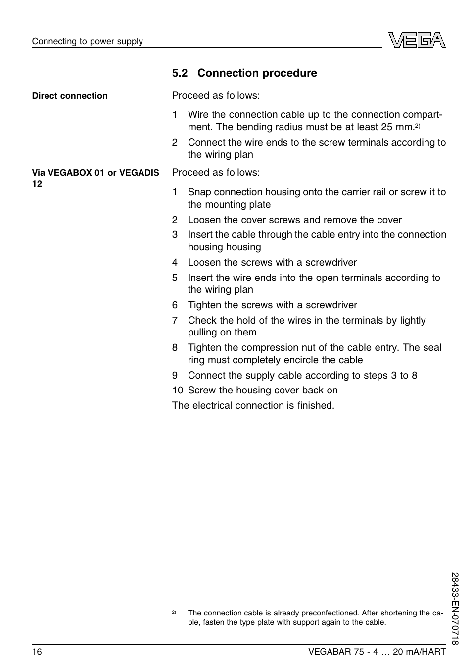 2 connection procedure | VEGA VEGABAR 75 4 … 20 mA_HART User Manual | Page 16 / 40