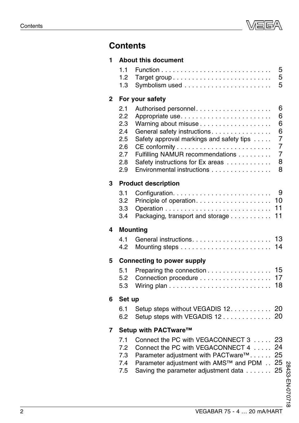 VEGA VEGABAR 75 4 … 20 mA_HART User Manual | Page 2 / 40