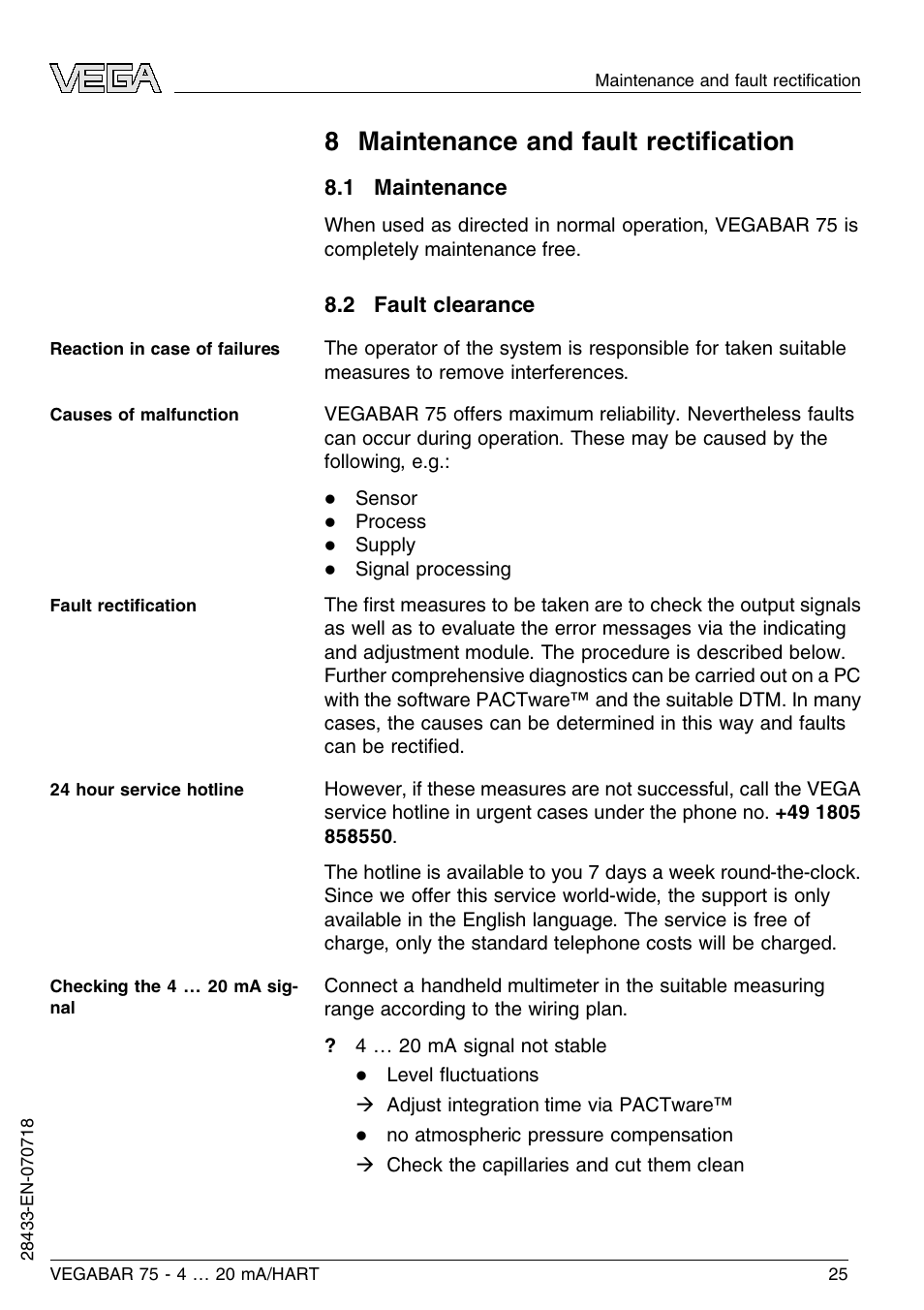 8 maintenance and fault rectification, 1 maintenance, 2 fault clearance | 8 m aintenance and fault rectiﬁcation | VEGA VEGABAR 75 4 … 20 mA_HART User Manual | Page 25 / 40