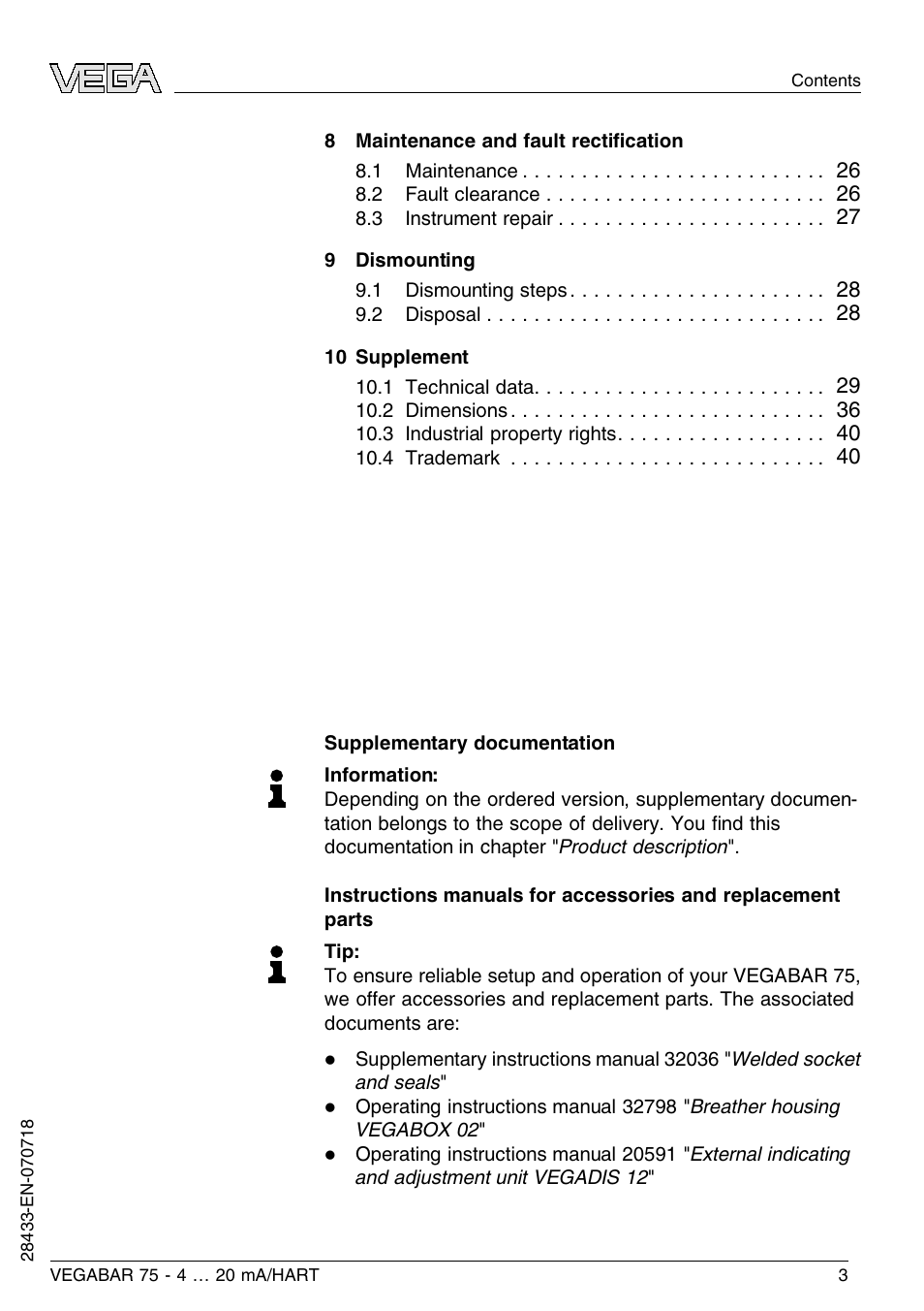 VEGA VEGABAR 75 4 … 20 mA_HART User Manual | Page 3 / 40