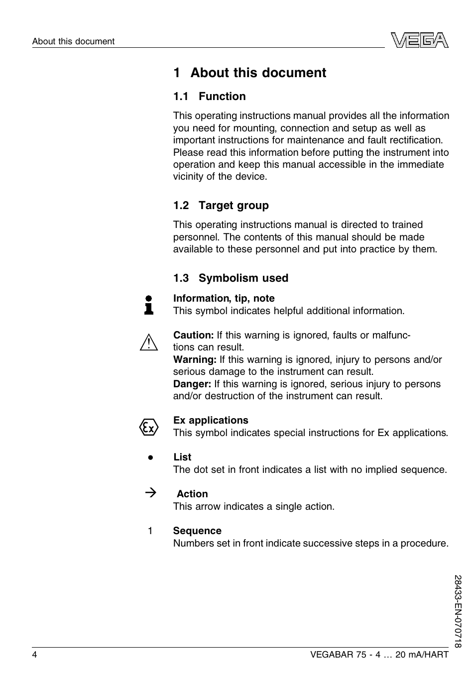 1 about this document, 1 function, 2 target group | 3 symbolism used, 1 a bout this document | VEGA VEGABAR 75 4 … 20 mA_HART User Manual | Page 4 / 40