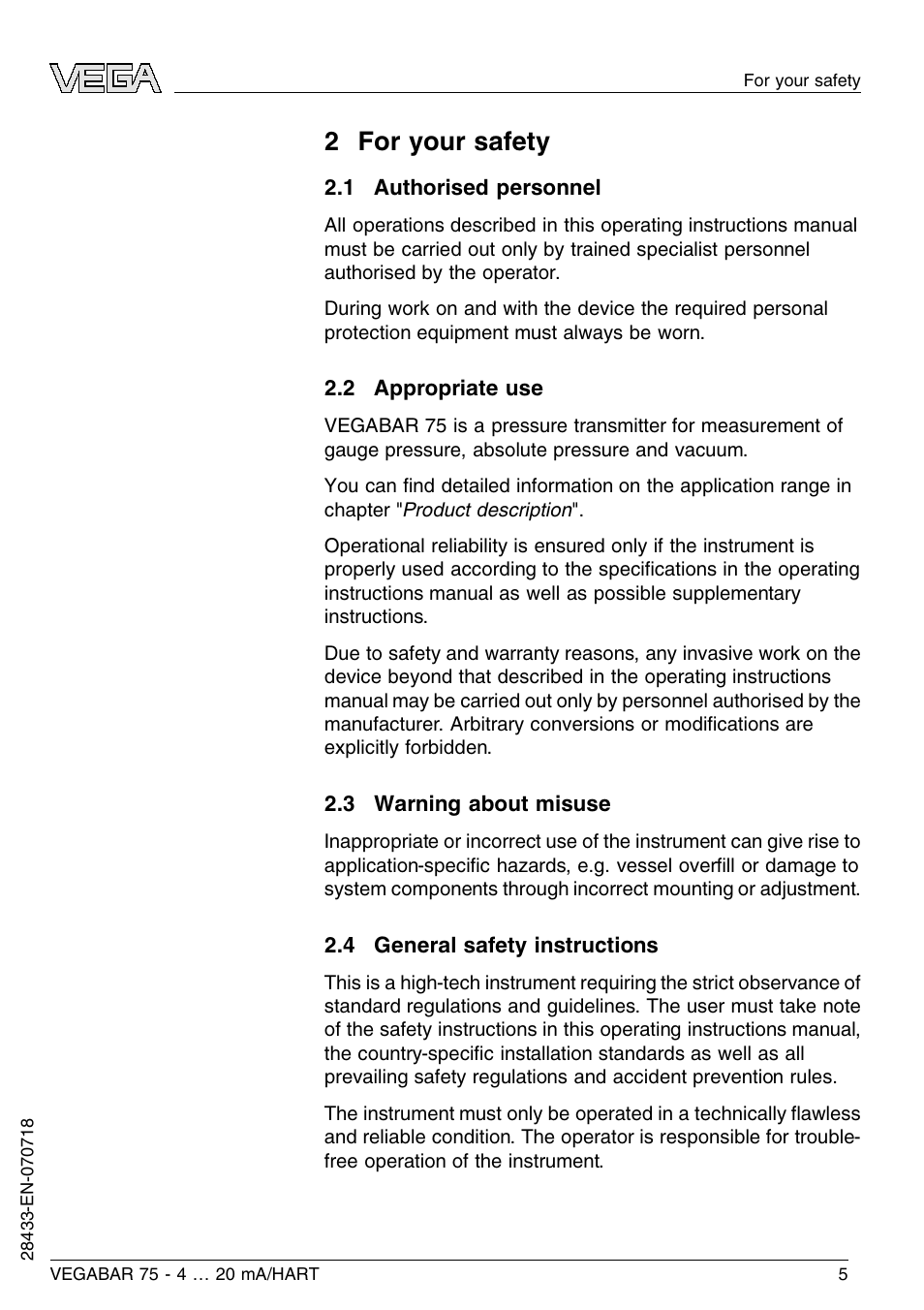 2 for your safety, 1 authorised personnel, 2 appropriate use | 3 warning about misuse, 4 general safety instructions, 2 f or your safety | VEGA VEGABAR 75 4 … 20 mA_HART User Manual | Page 5 / 40