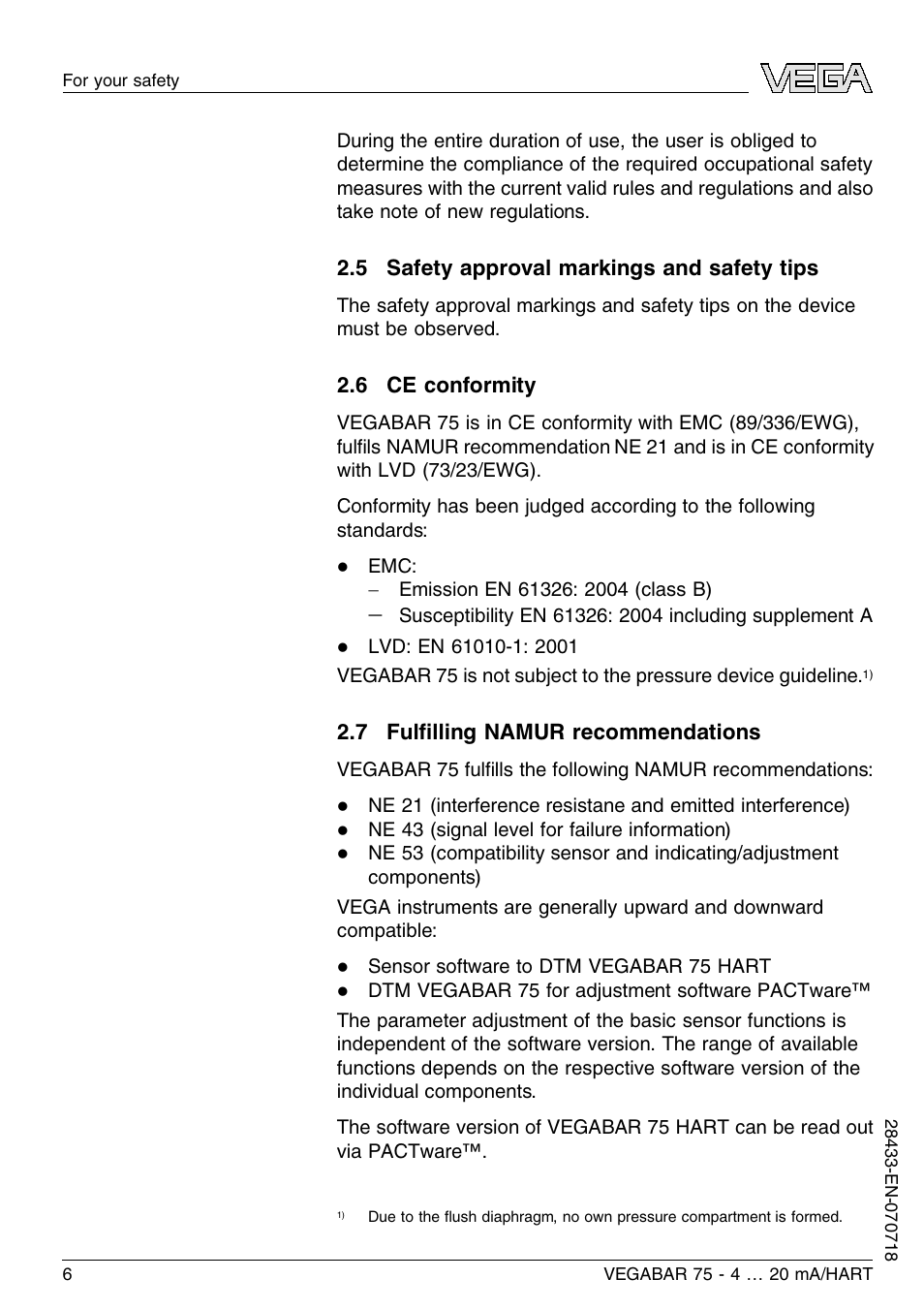 5 safety approval markings and safety tips, 6 ce conformity, 7 fulfilling namur recommendations | VEGA VEGABAR 75 4 … 20 mA_HART User Manual | Page 6 / 40