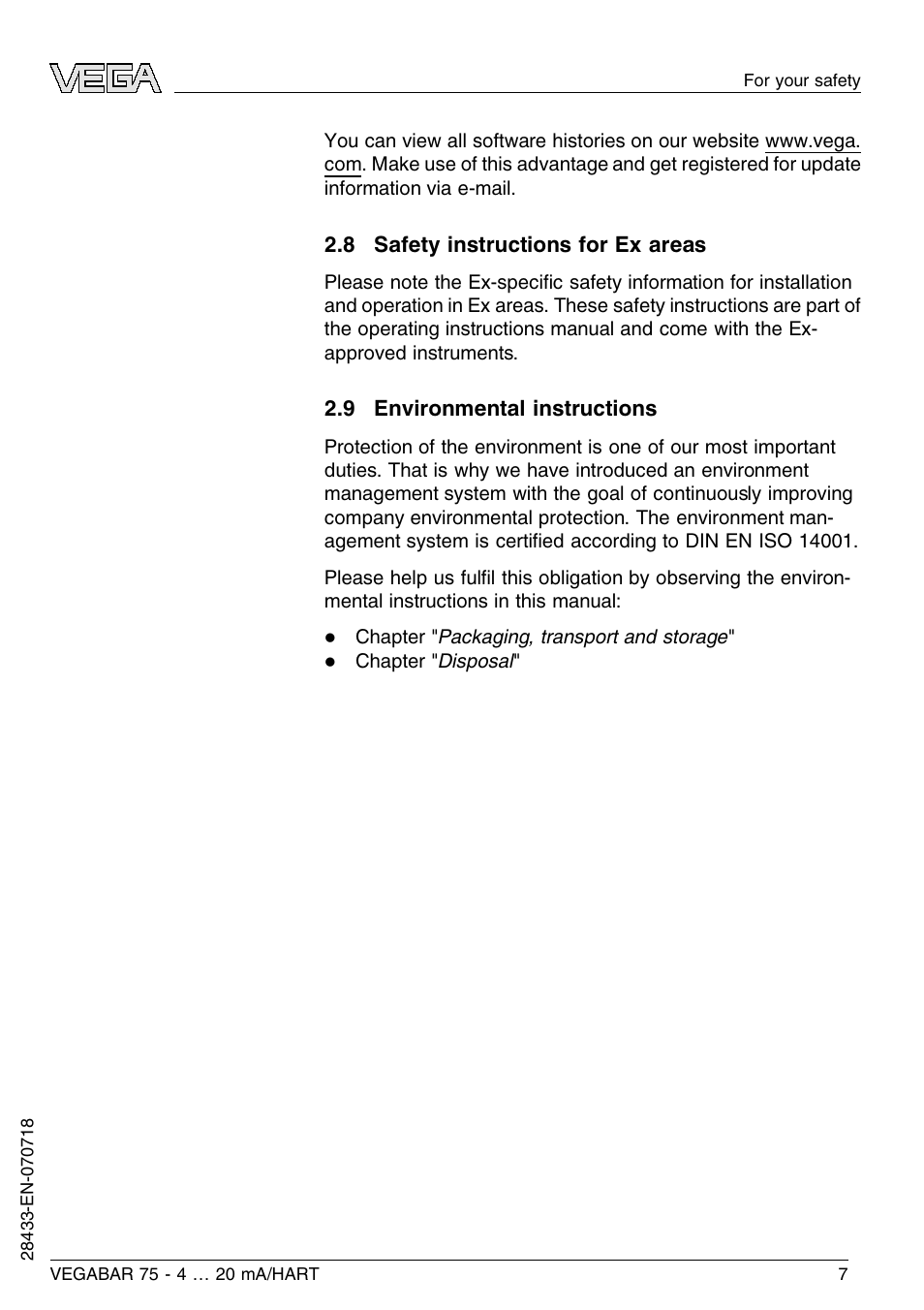 8 safety instructions for ex areas, 9 environmental instructions | VEGA VEGABAR 75 4 … 20 mA_HART User Manual | Page 7 / 40