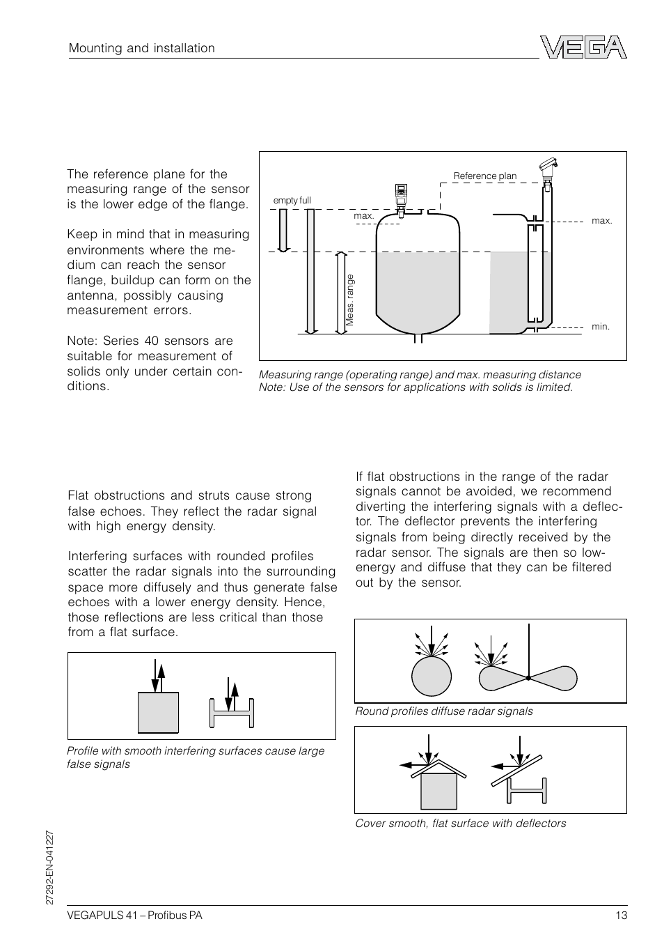 2 mounting and installation, 1 general installation instructions, False echoes | Measuring range | VEGA VEGAPULS 41 Profibus PA User Manual | Page 13 / 56