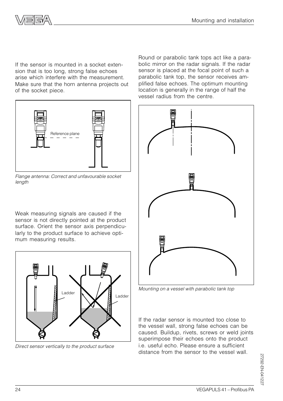 5 common installation mistakes, Parabolic effects on dished or arched vessel tops, Sensor too close to the vessel wall | Wrong orientation to the product, Socket piece too long | VEGA VEGAPULS 41 Profibus PA User Manual | Page 24 / 56