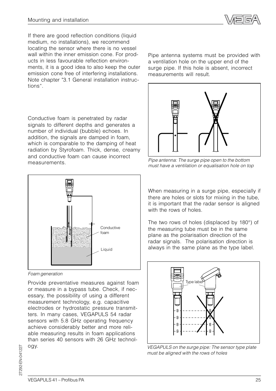 Standpipe installation mistakes, Foam generation | VEGA VEGAPULS 41 Profibus PA User Manual | Page 25 / 56