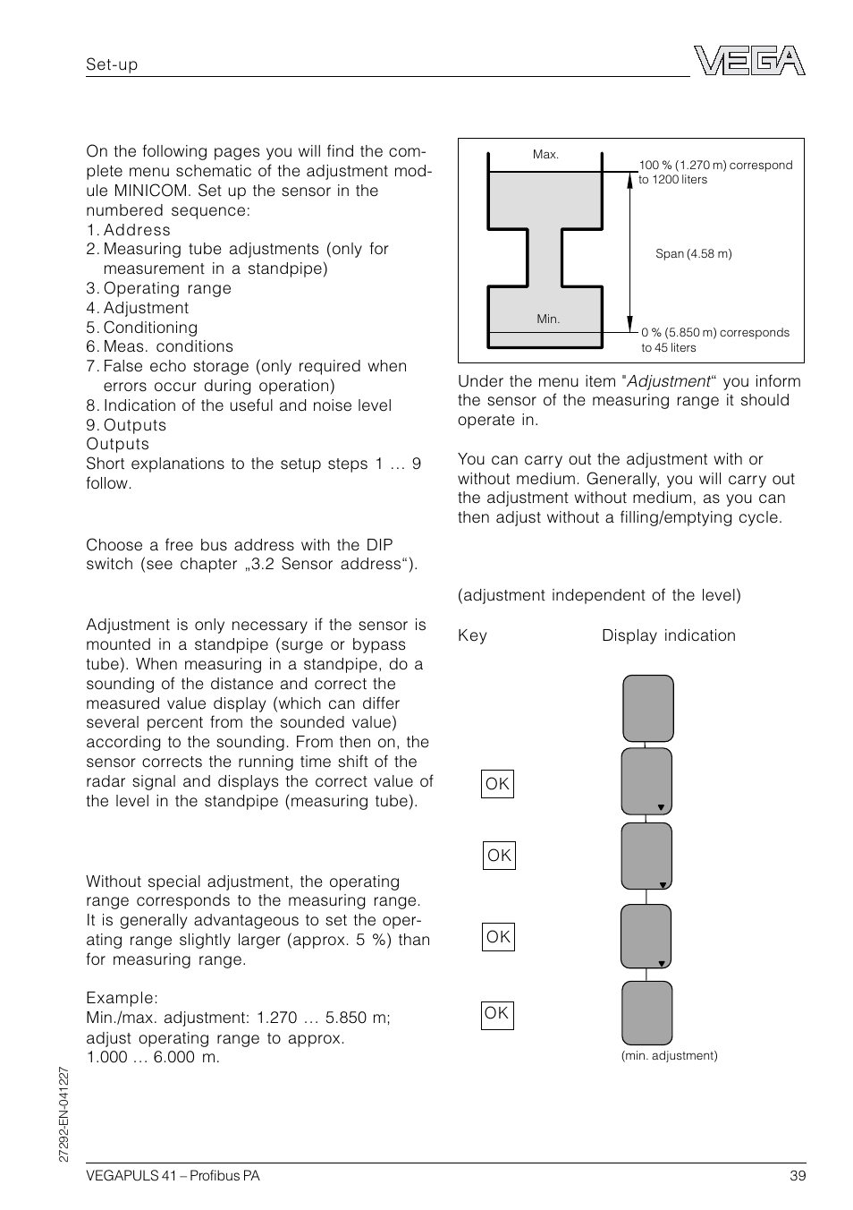 Adjustment, Adjustment steps, Address | Measurement in a standpipe, Operating range | VEGA VEGAPULS 41 Profibus PA User Manual | Page 39 / 56