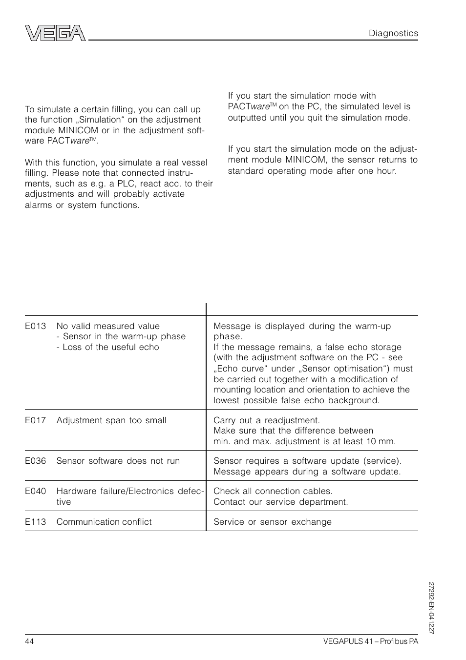 6 diagnostics, 1 simulation, 2 error codes | VEGA VEGAPULS 41 Profibus PA User Manual | Page 44 / 56