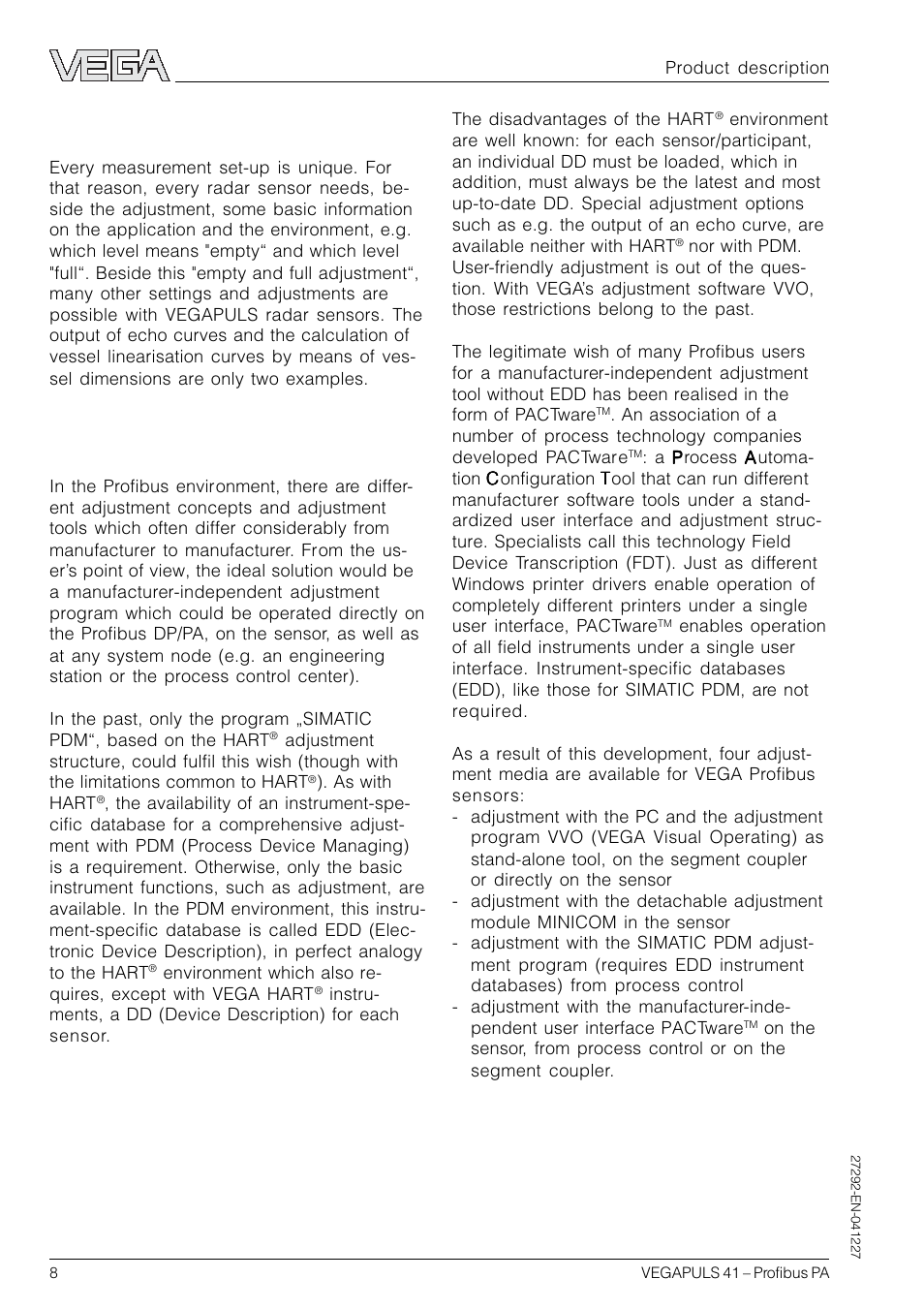 4 adjustment | VEGA VEGAPULS 41 Profibus PA User Manual | Page 8 / 56