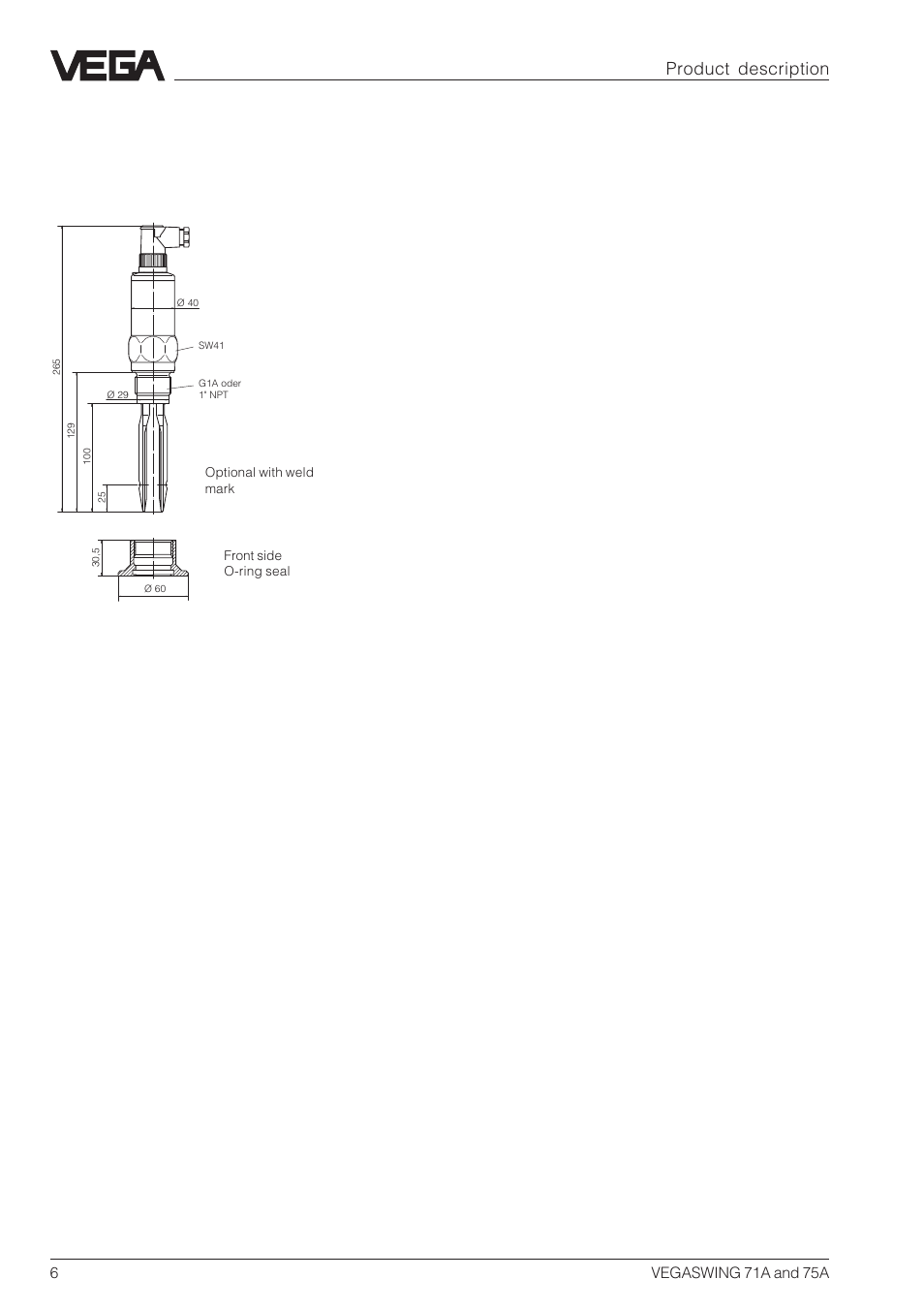 4 dimensions, Vegaswing 71a, Product description | VEGA VEGASWING 75A User Manual | Page 6 / 16