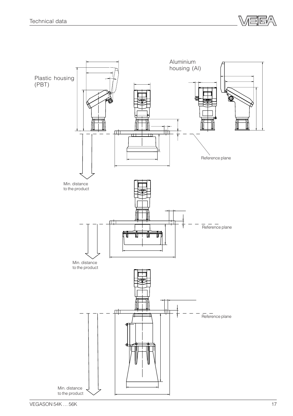 2 dimensions, Vegason 54 … 56 in version a | VEGA VEGASON 54K…56K User Manual | Page 17 / 48