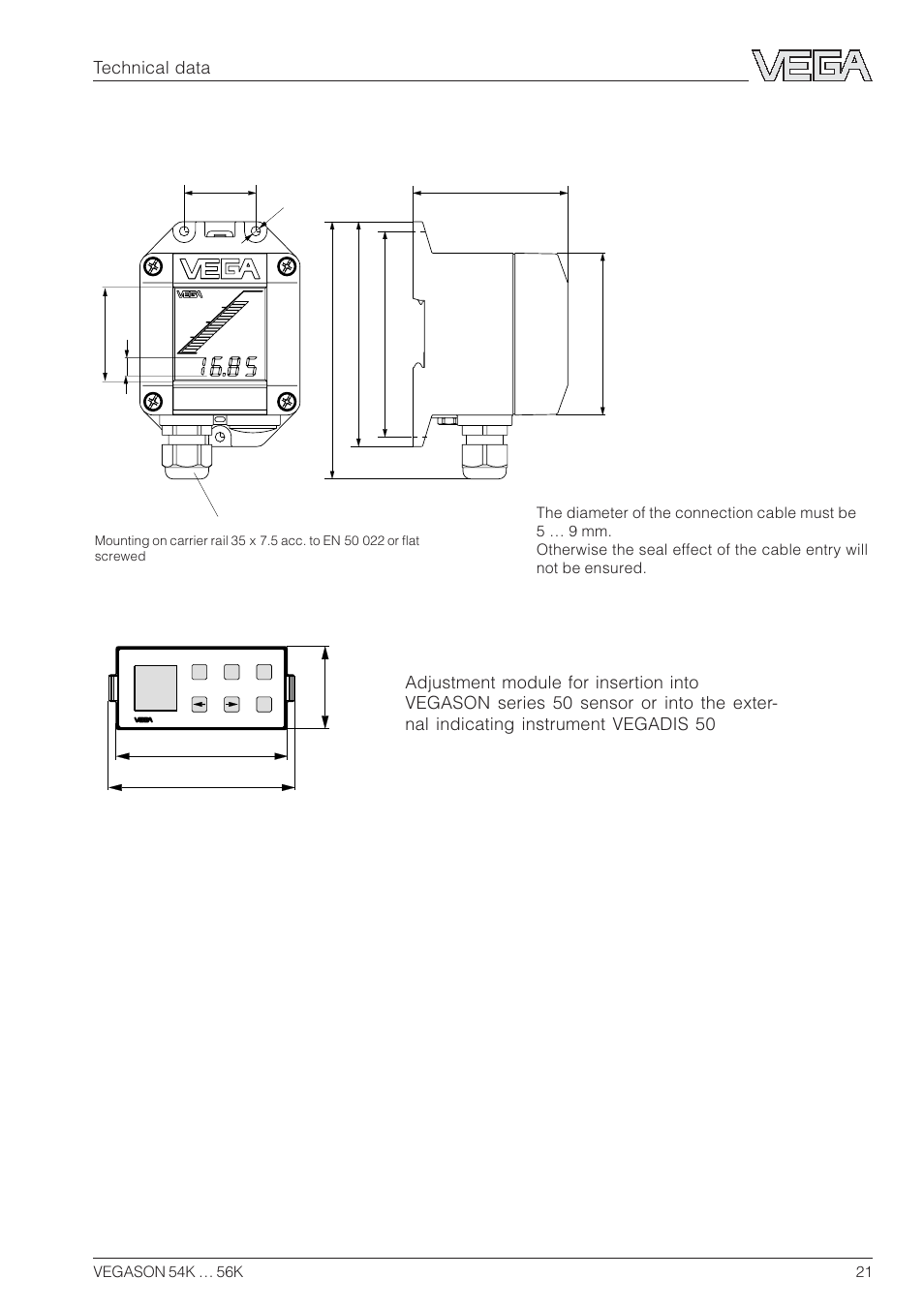 External indicating instrument vegadis 50, Adjustment module minicom, Technical data | VEGA VEGASON 54K…56K User Manual | Page 21 / 48