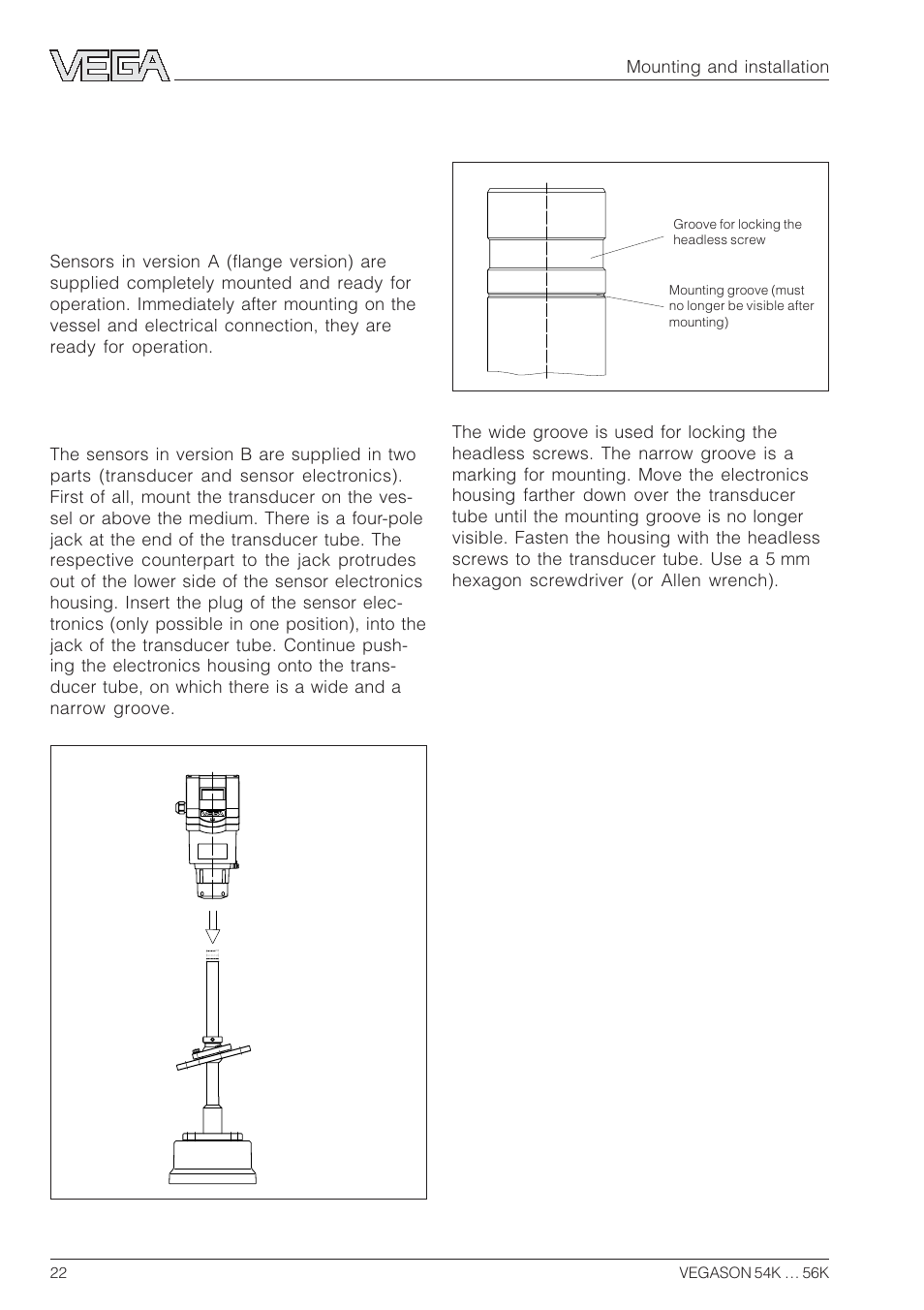 4 mounting and installation, 1 mounting | VEGA VEGASON 54K…56K User Manual | Page 22 / 48