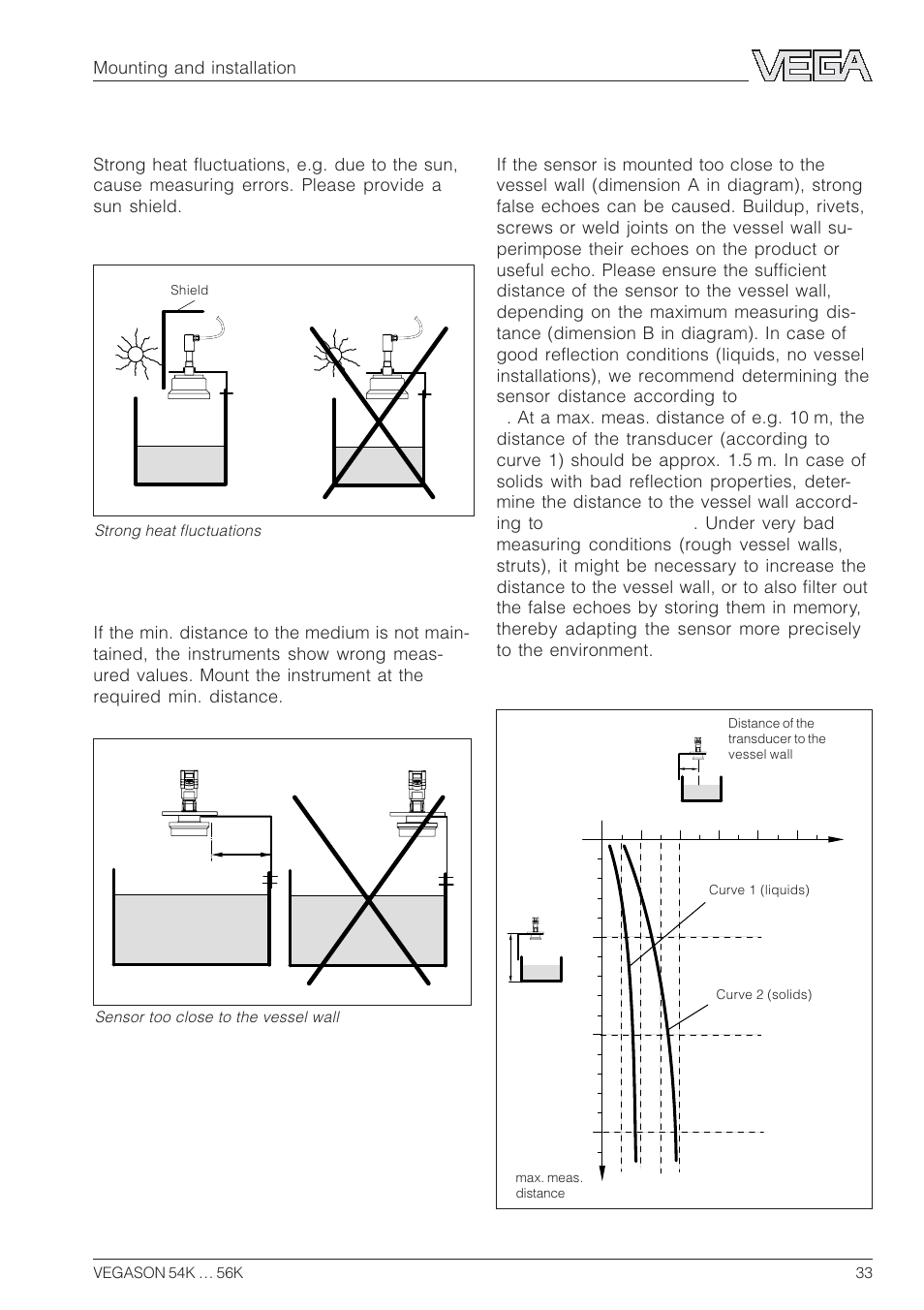 Sensor too close to the vessel wall, Strong heat fluctuations, Min. distance to the medium | VEGA VEGASON 54K…56K User Manual | Page 33 / 48